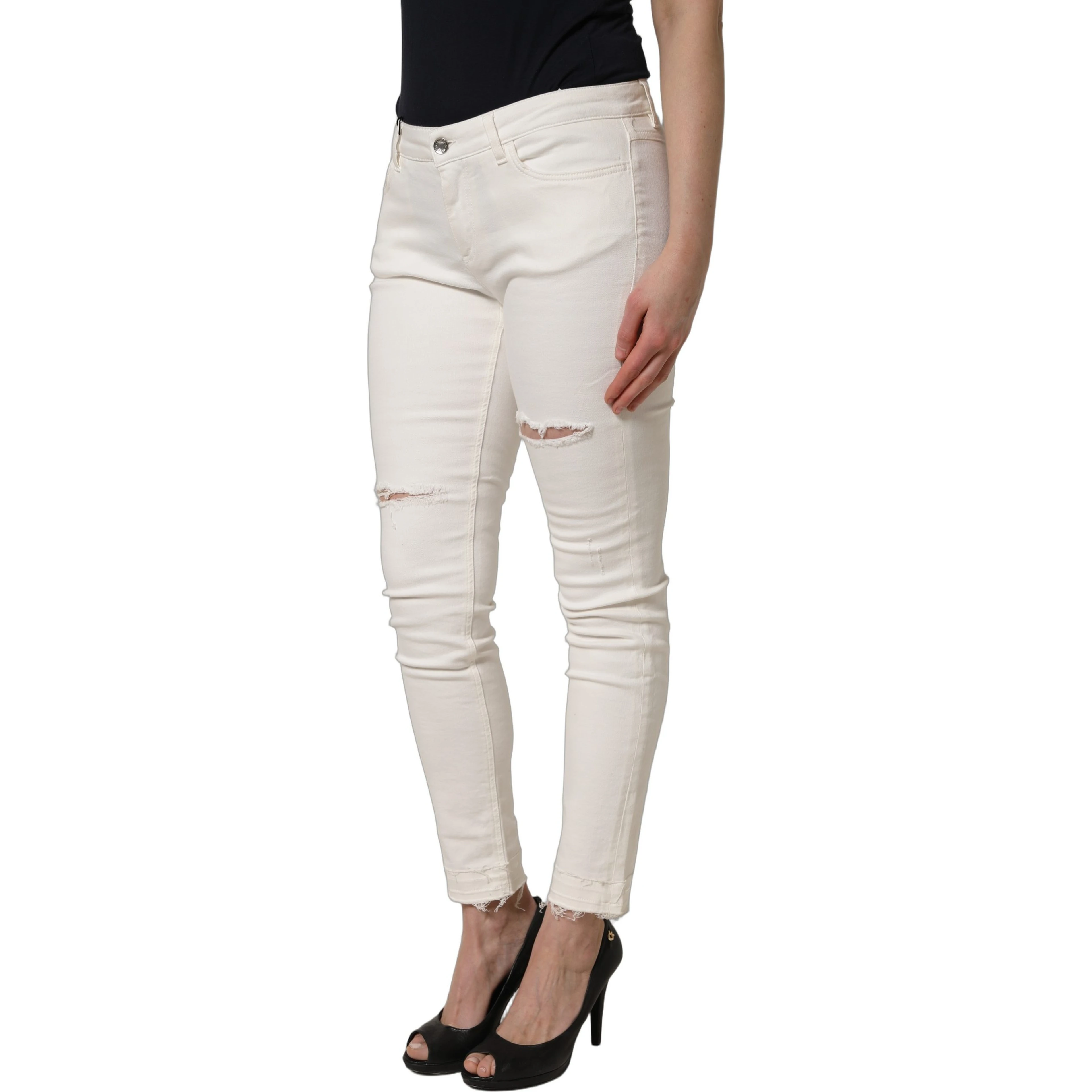 White Tattered Skinny Cotton Denim Jeans