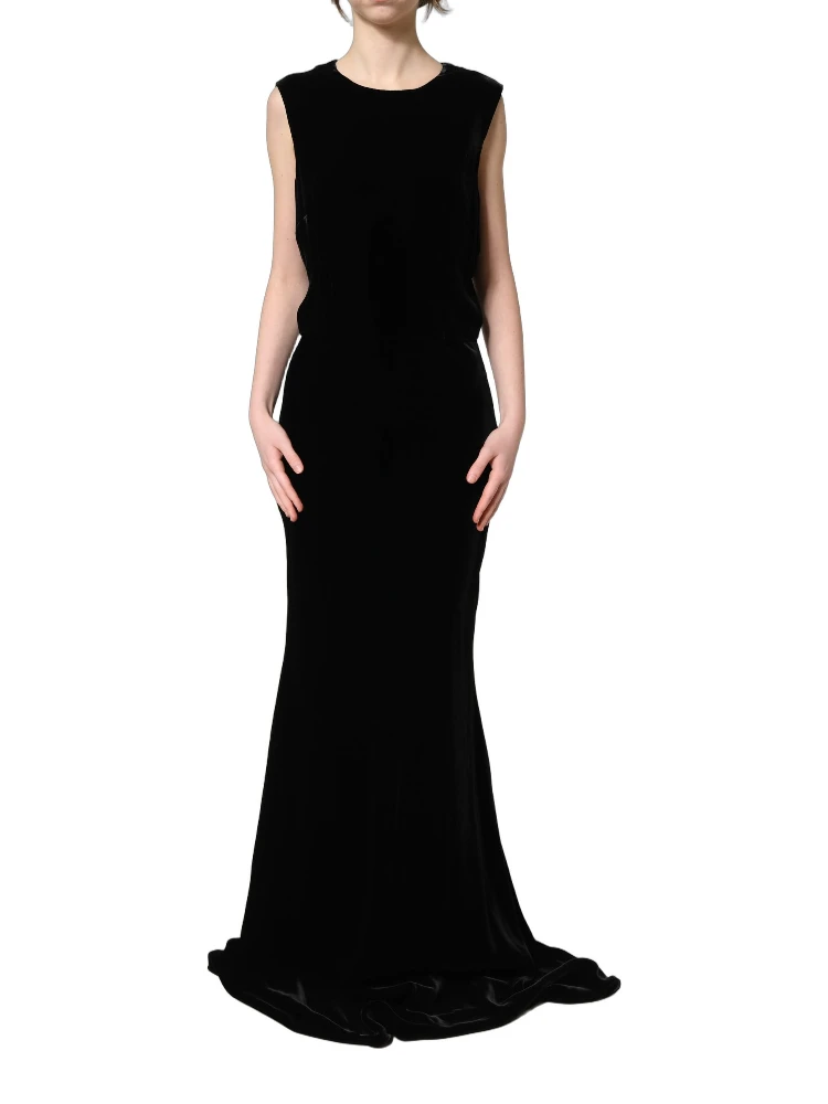 Black Viscose Velvet Floor Length Gown Dress
