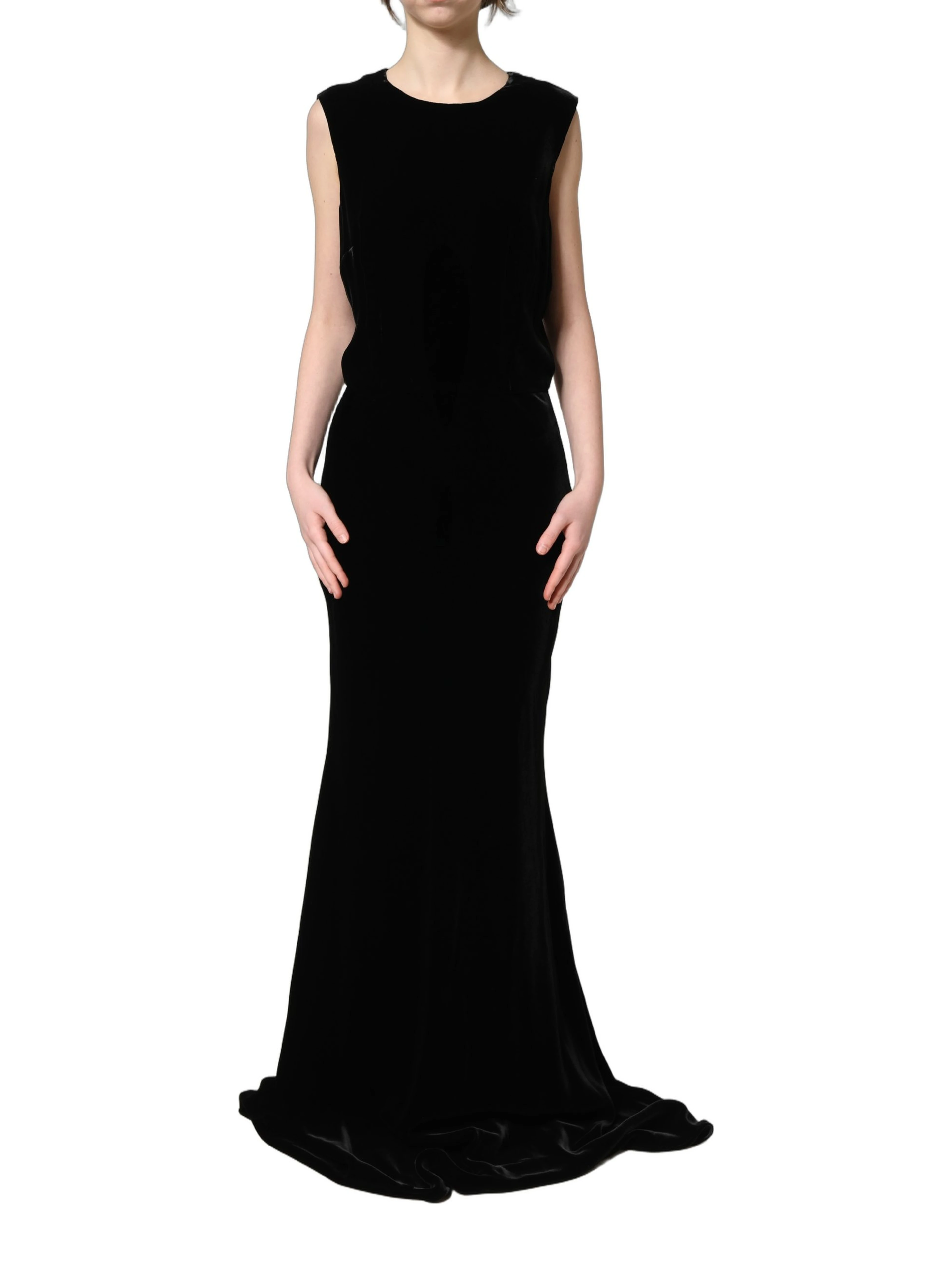 Black Viscose Velvet Floor Length Gown Dress