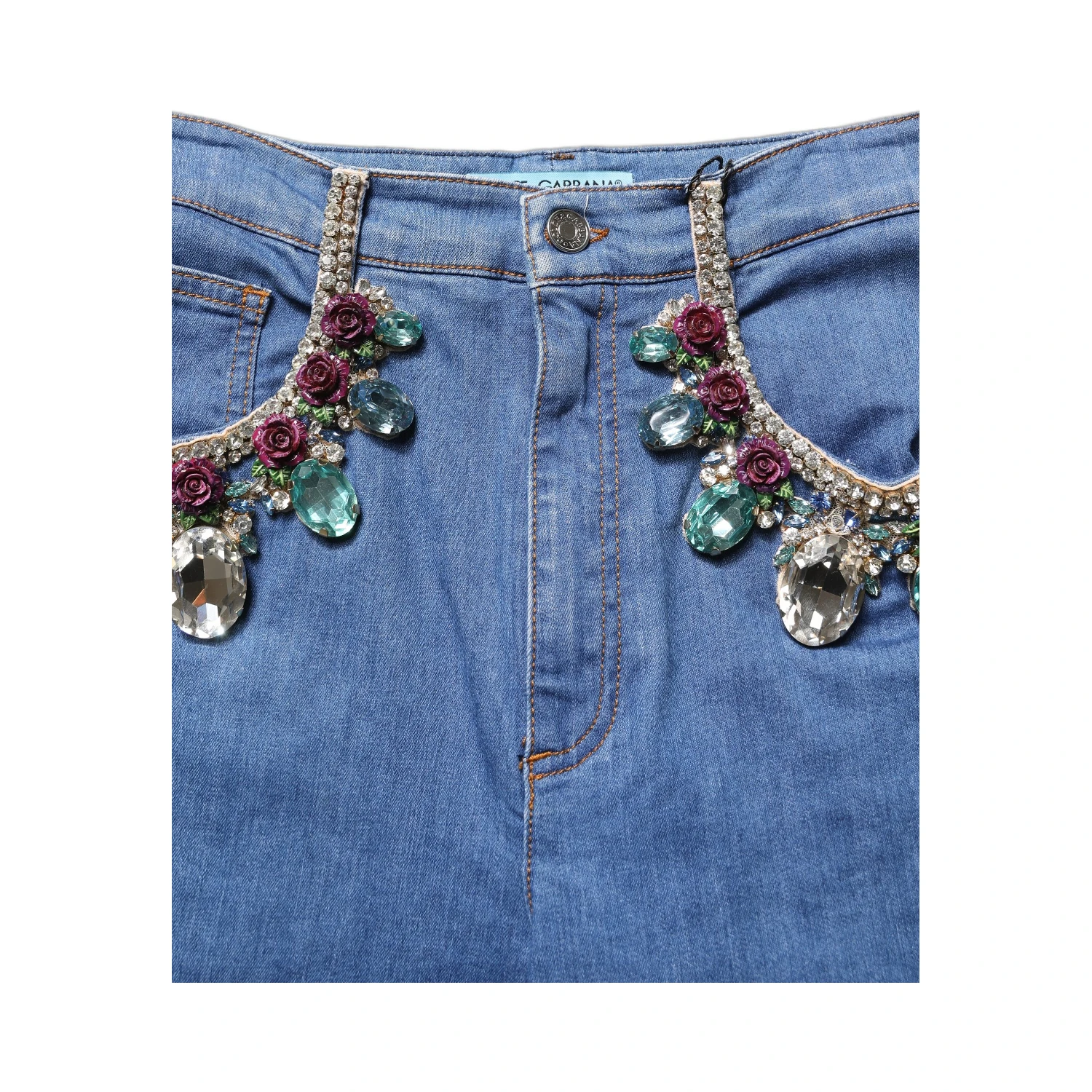 Blue Cotton Embellished BermudaDenim Shorts