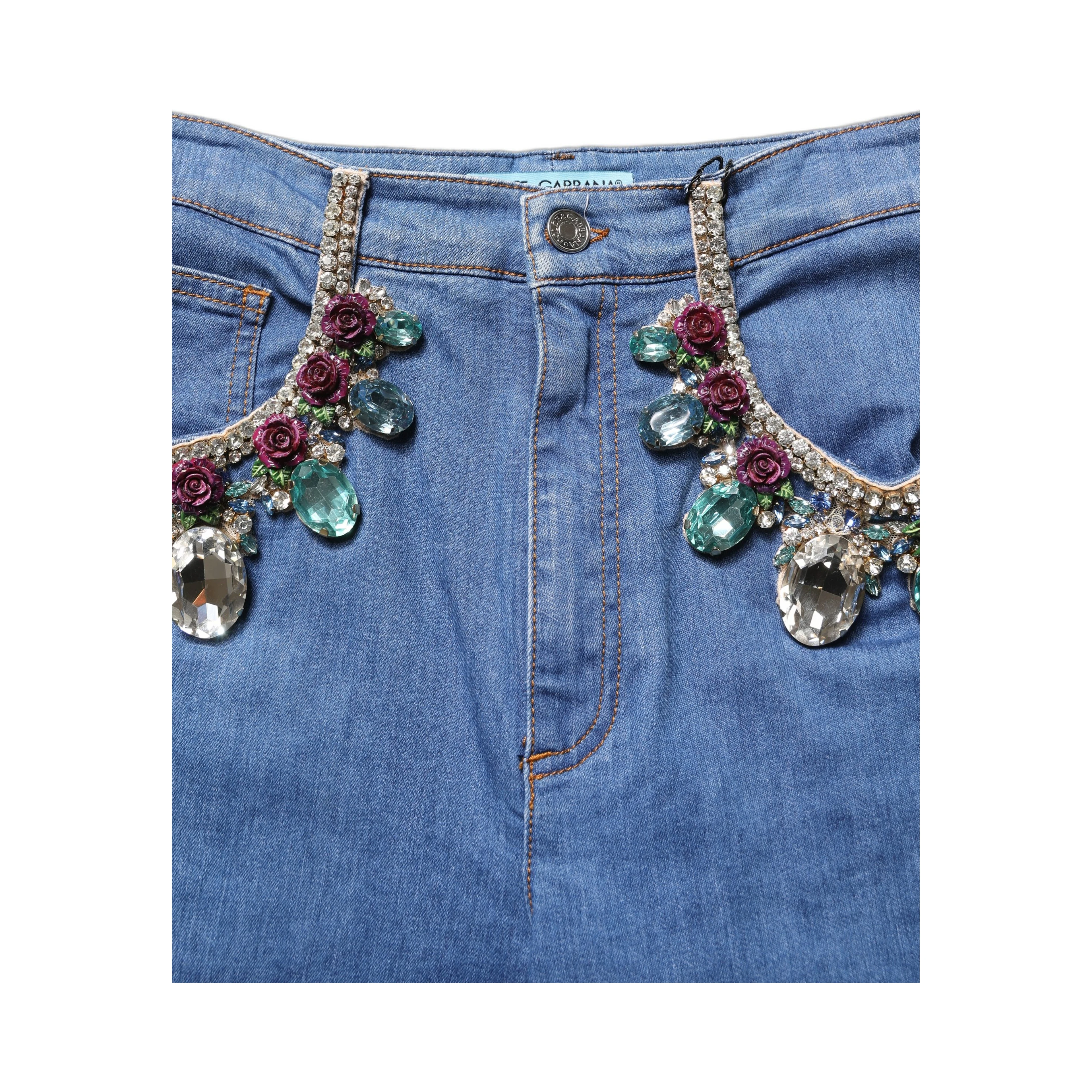 Blue Cotton Embellished BermudaDenim Shorts