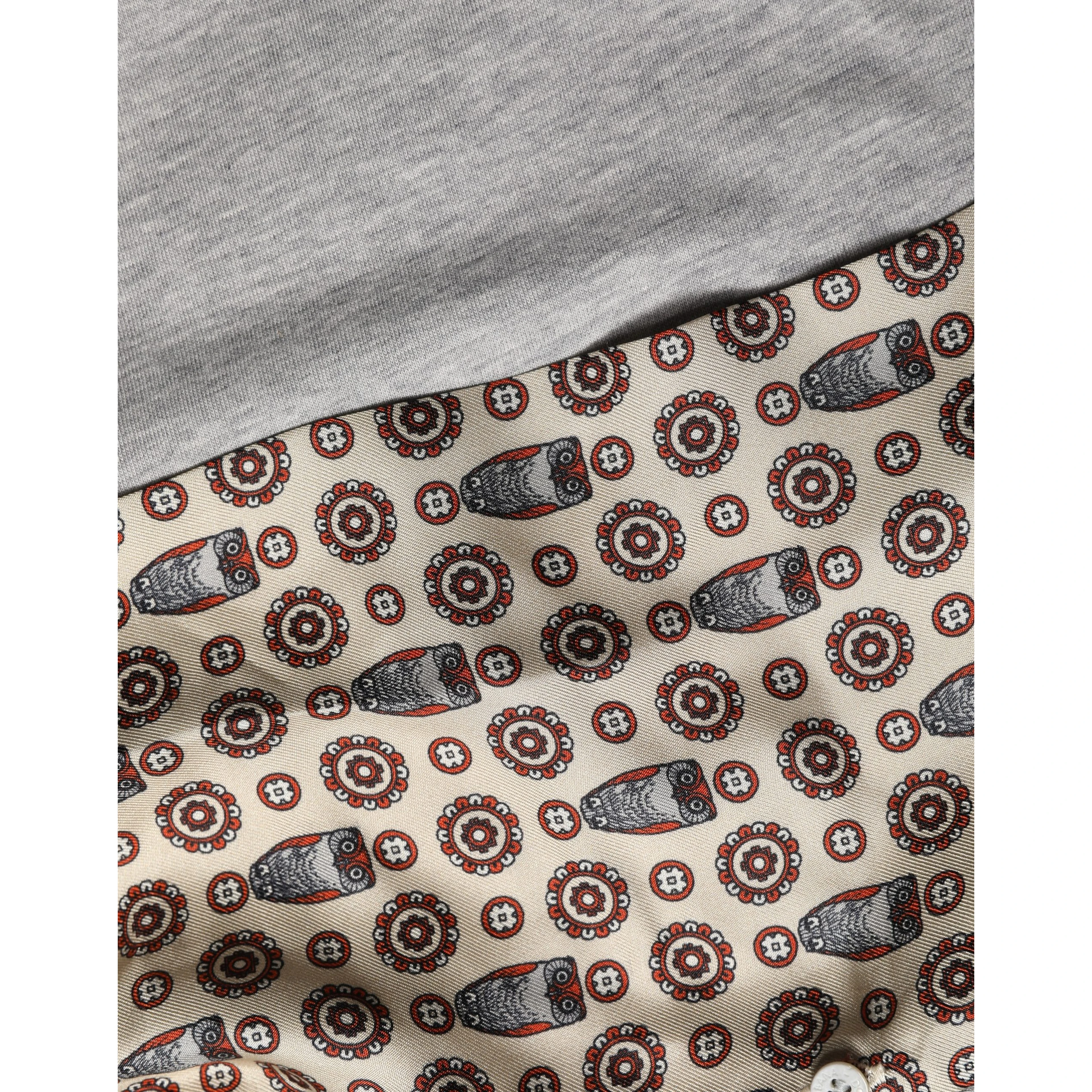 Gray Cotton V-neck Owl Silk Scarf Top T-shirt
