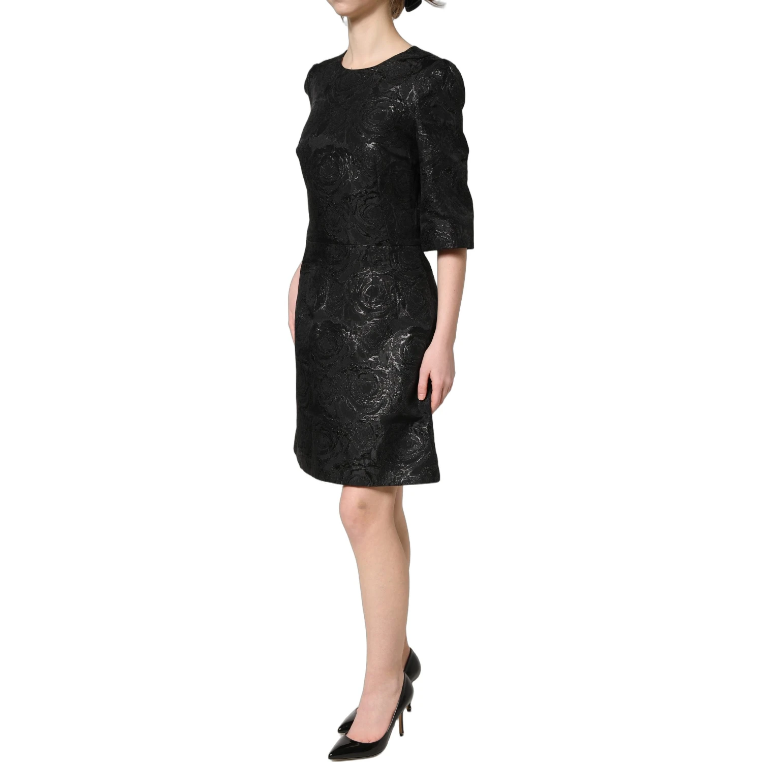 Black Floral Jacquard Flared A-line Dress