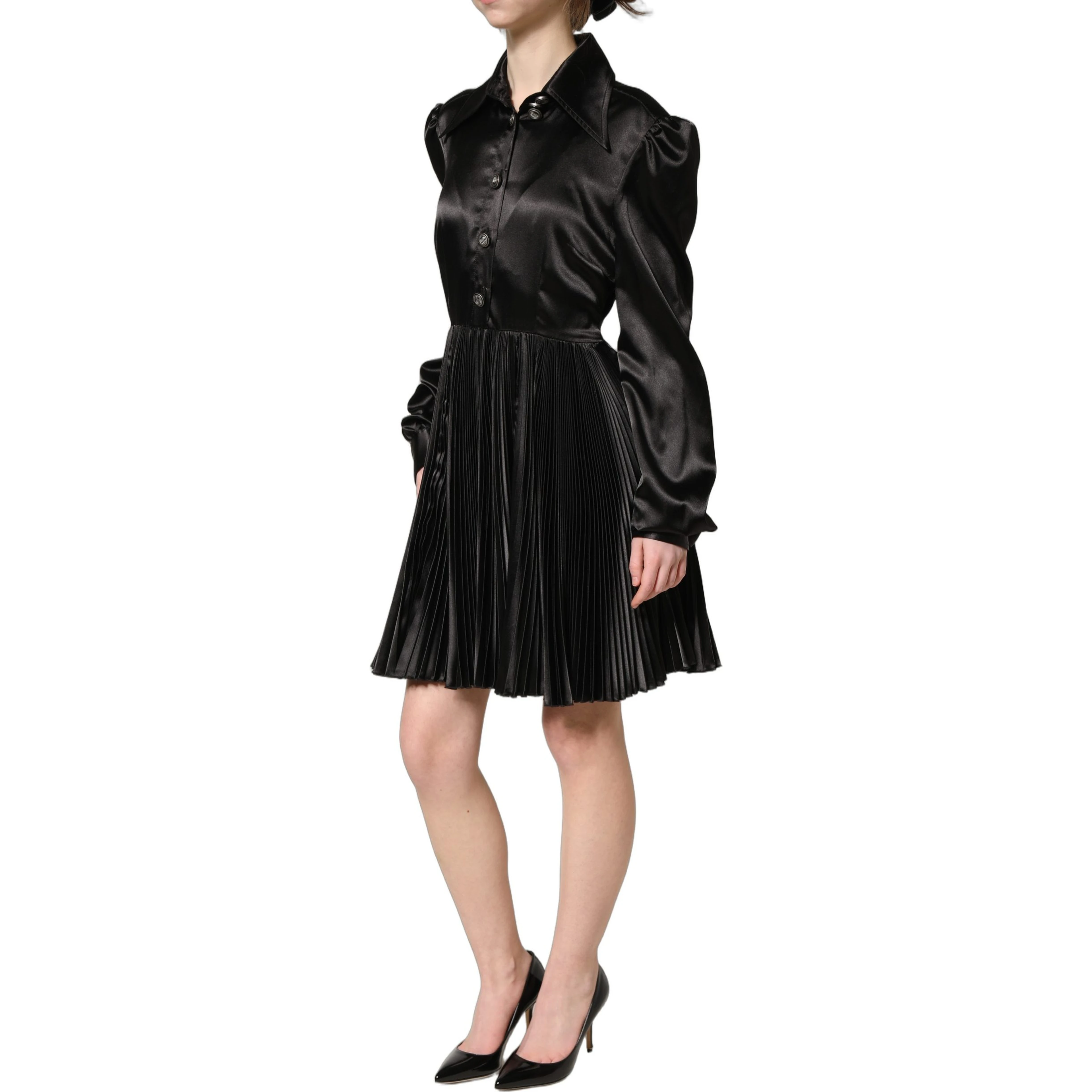 Black Satin Long Puff Sleeves Pleated Dress