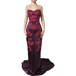 Purple Silk Crystal Strapless Floor Length Gown Dress