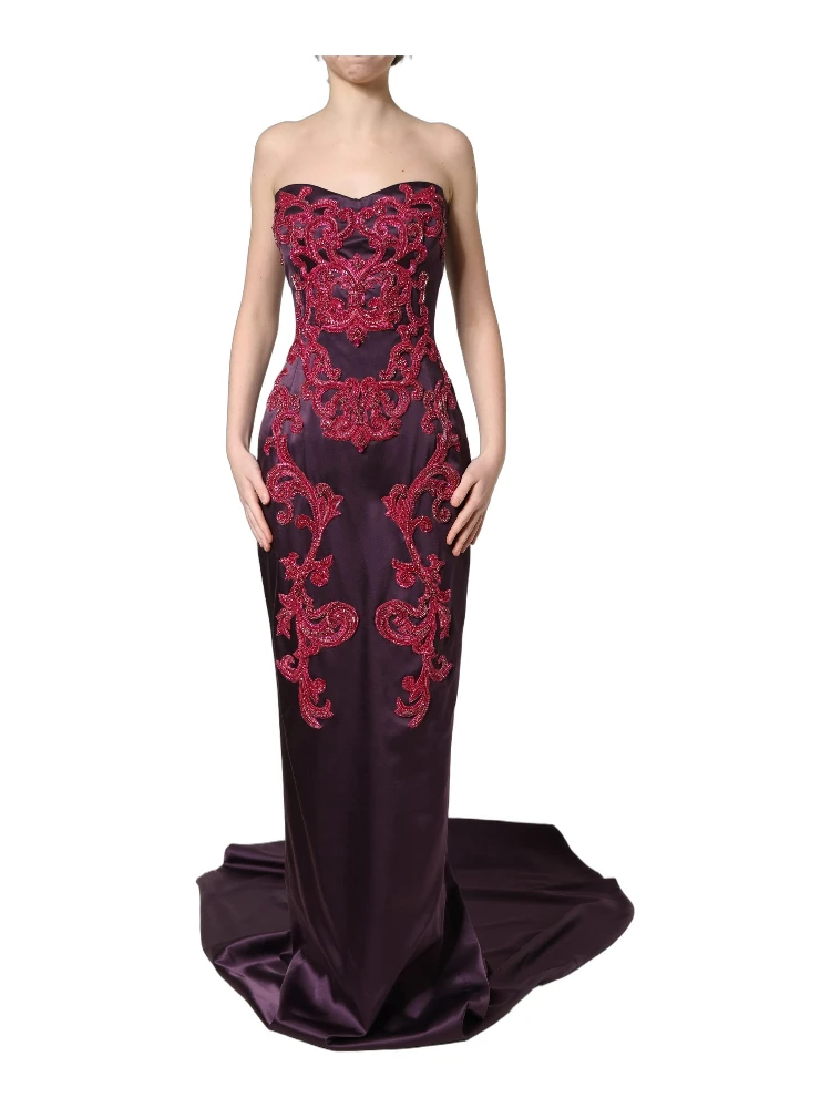 Purple Silk Crystal Strapless Floor Length Gown Dress