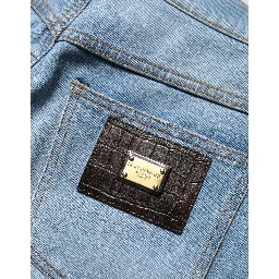 Blue Distressed Pleated Cotton Denim Jeans