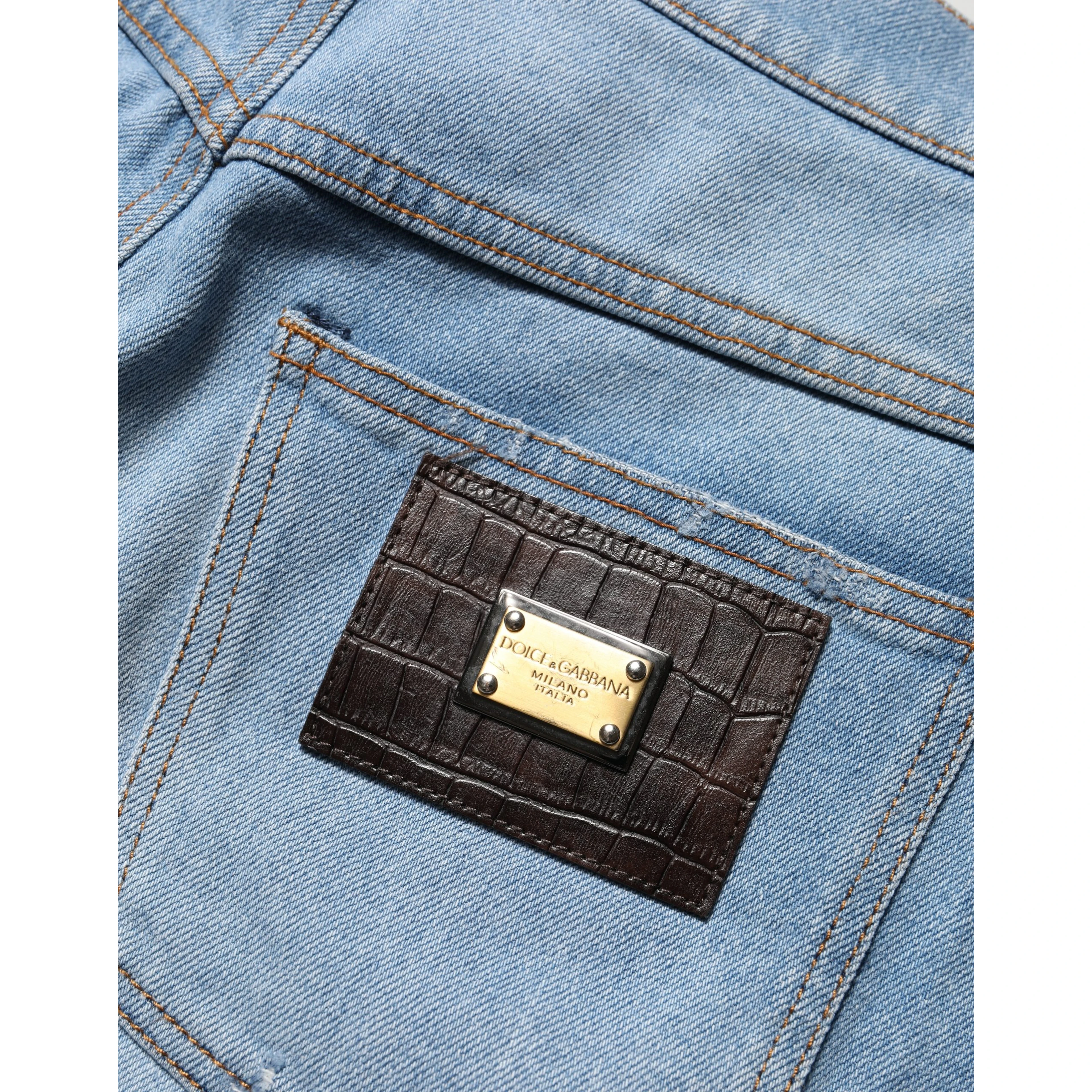 Blue Distressed Pleated Cotton Denim Jeans