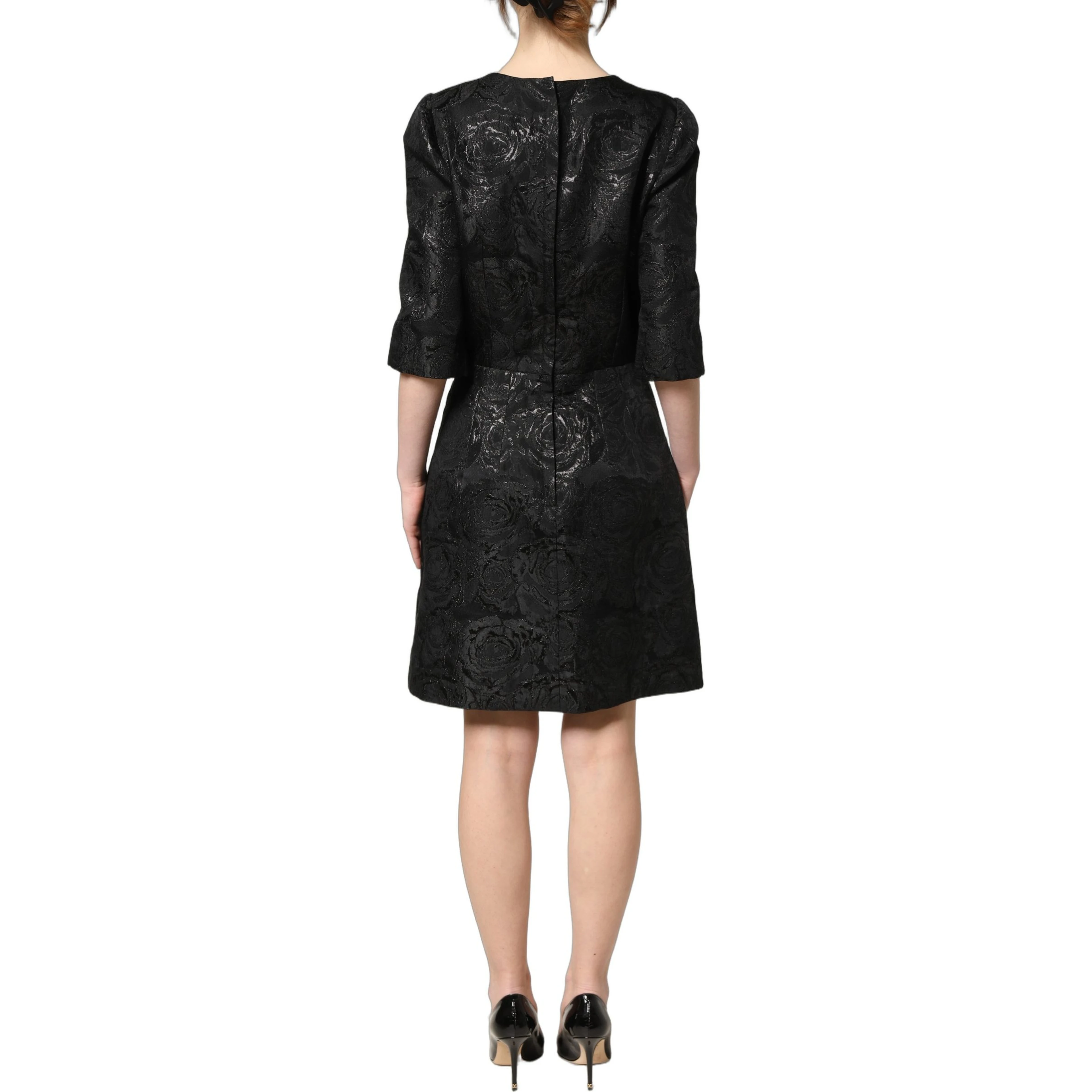 Black Floral Jacquard Flared A-line Dress