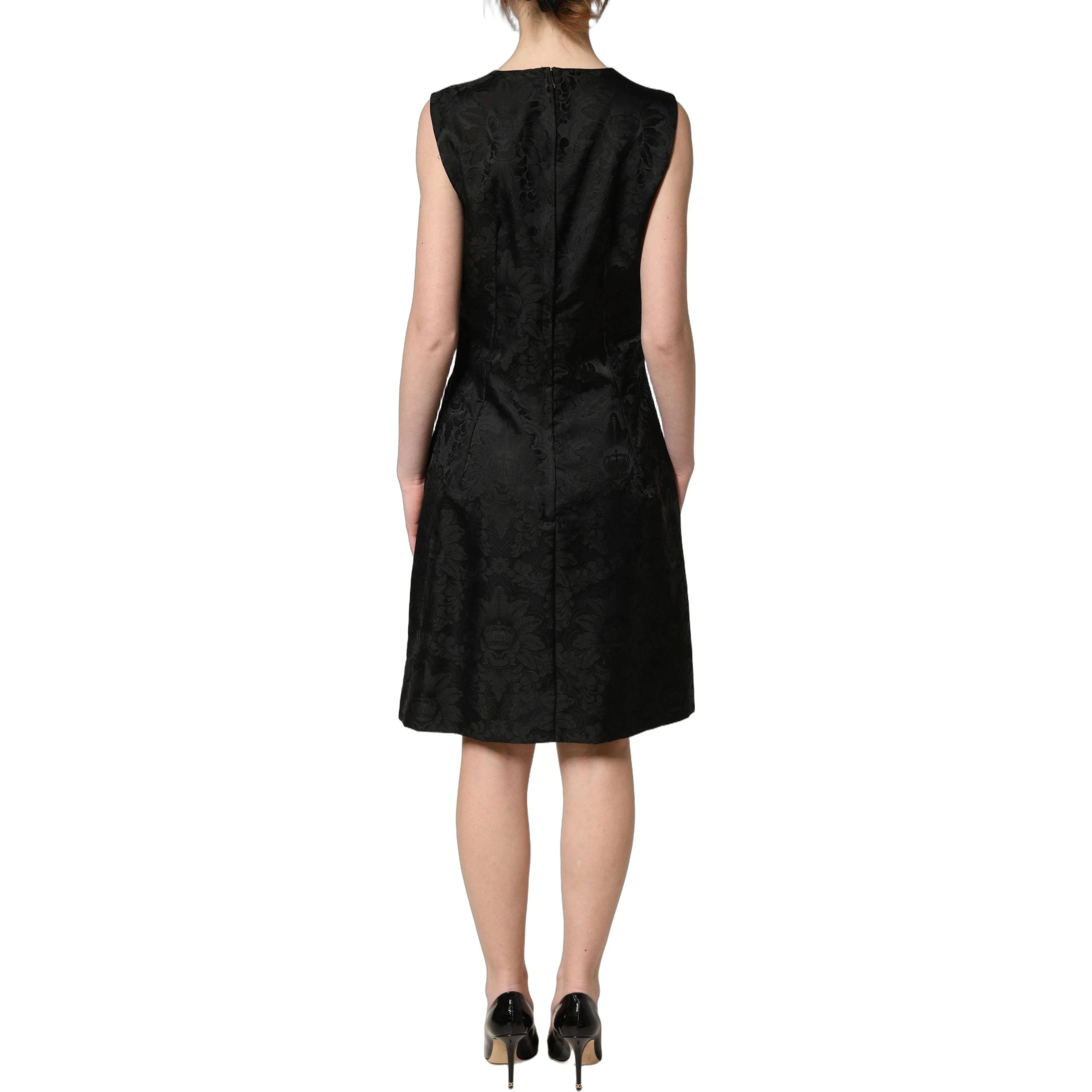 Black Floral Jacquard Sleeveless A-line Dress