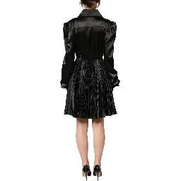 Black Satin Long Puff Sleeves Pleated Dress