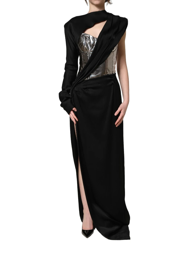 Black Silver OneShoulder Cocktail Gown Dress