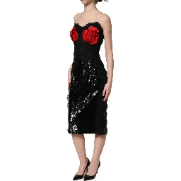 Black Strapless Red Rose Sequined Midi Dress