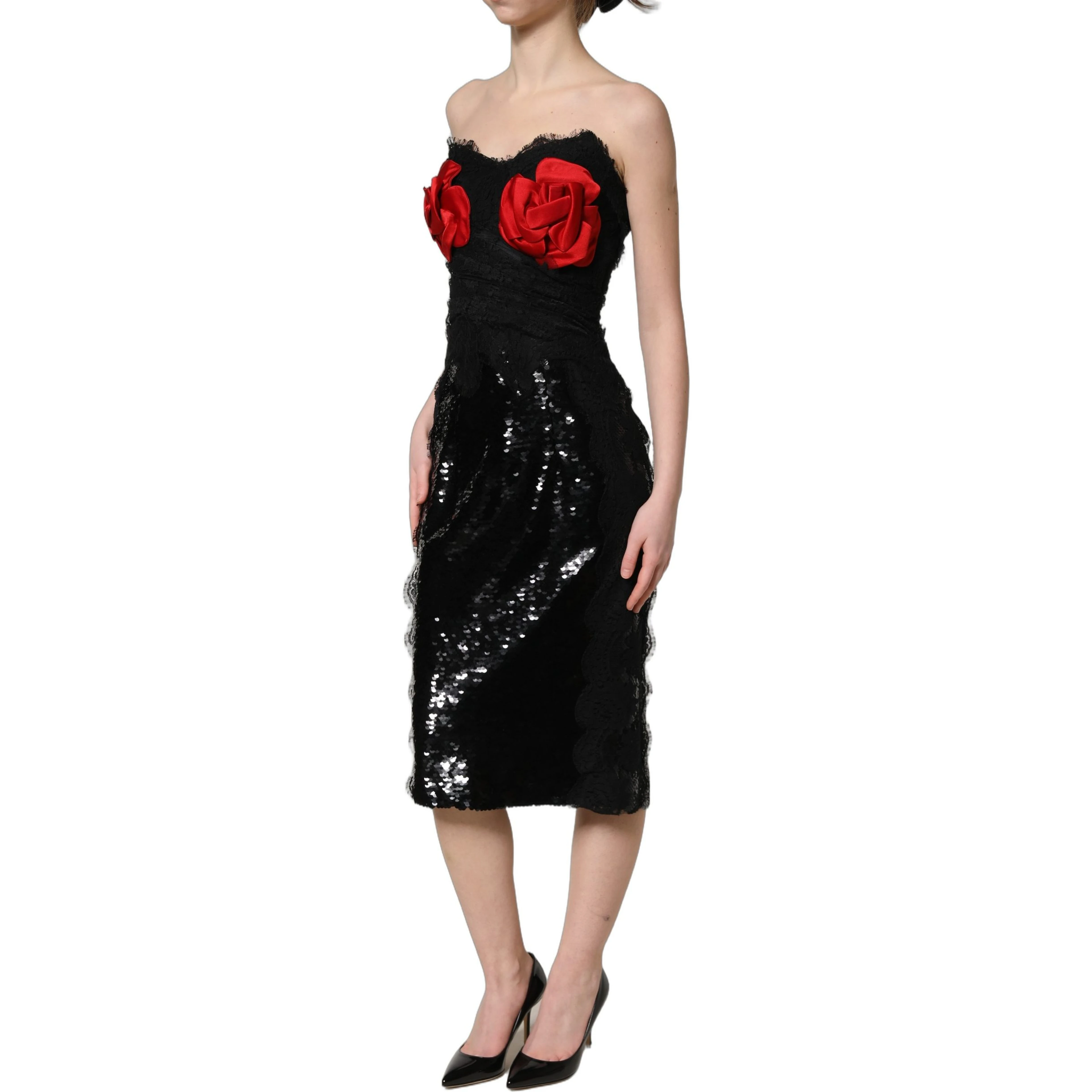 Black Strapless Red Rose Sequined Midi Dress