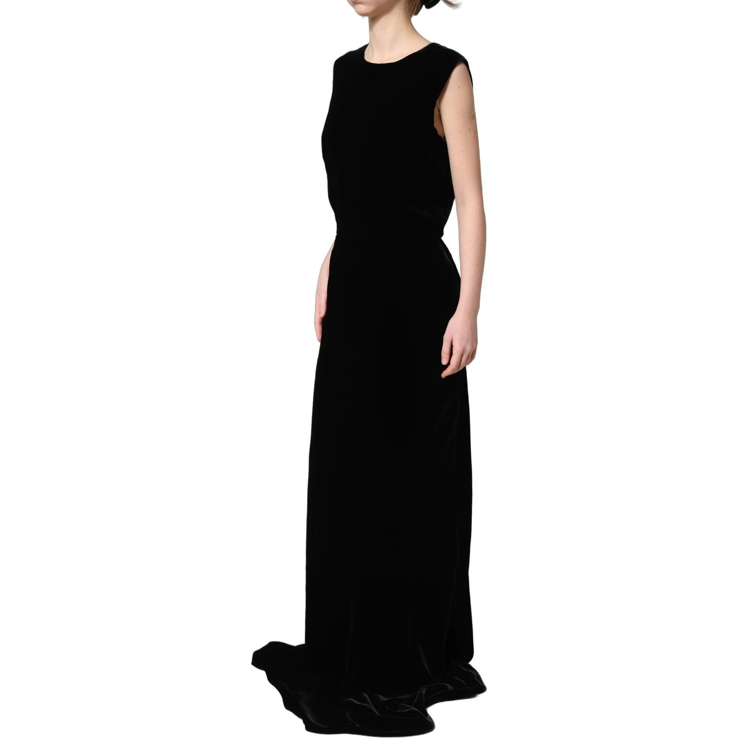 Black Viscose Velvet Floor Length Gown Dress