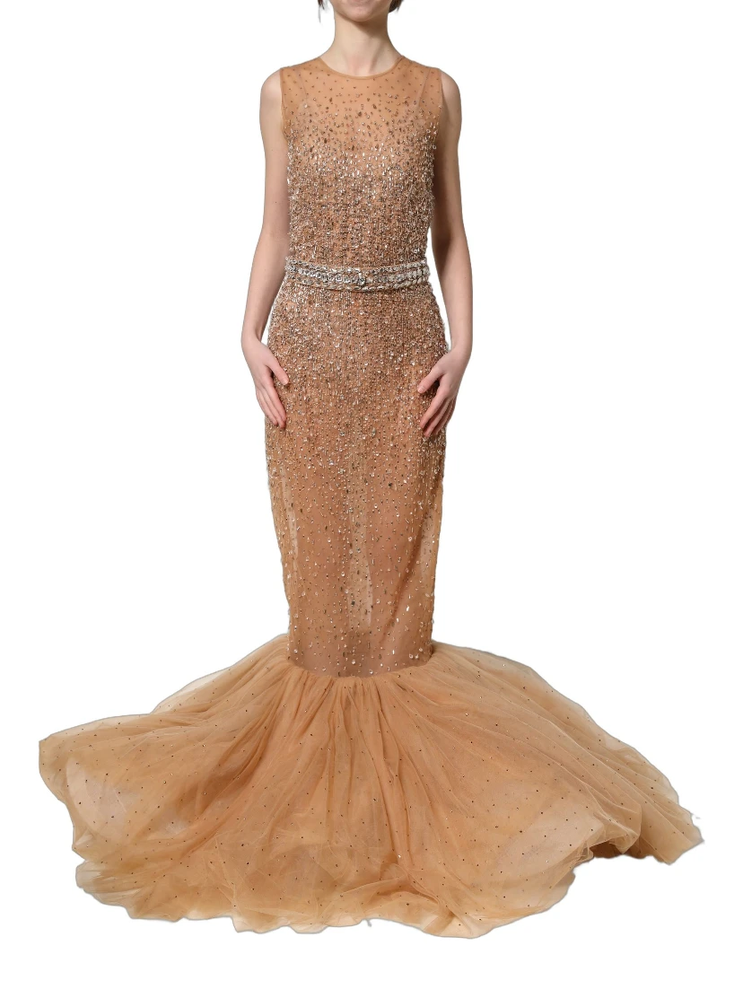 Brown Crystal Embellished Mermaid Gown Dress