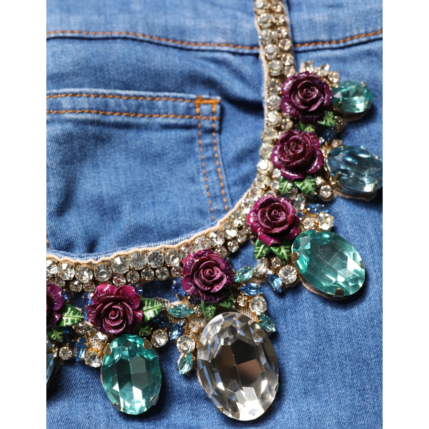 Blue Cotton Embellished BermudaDenim Shorts