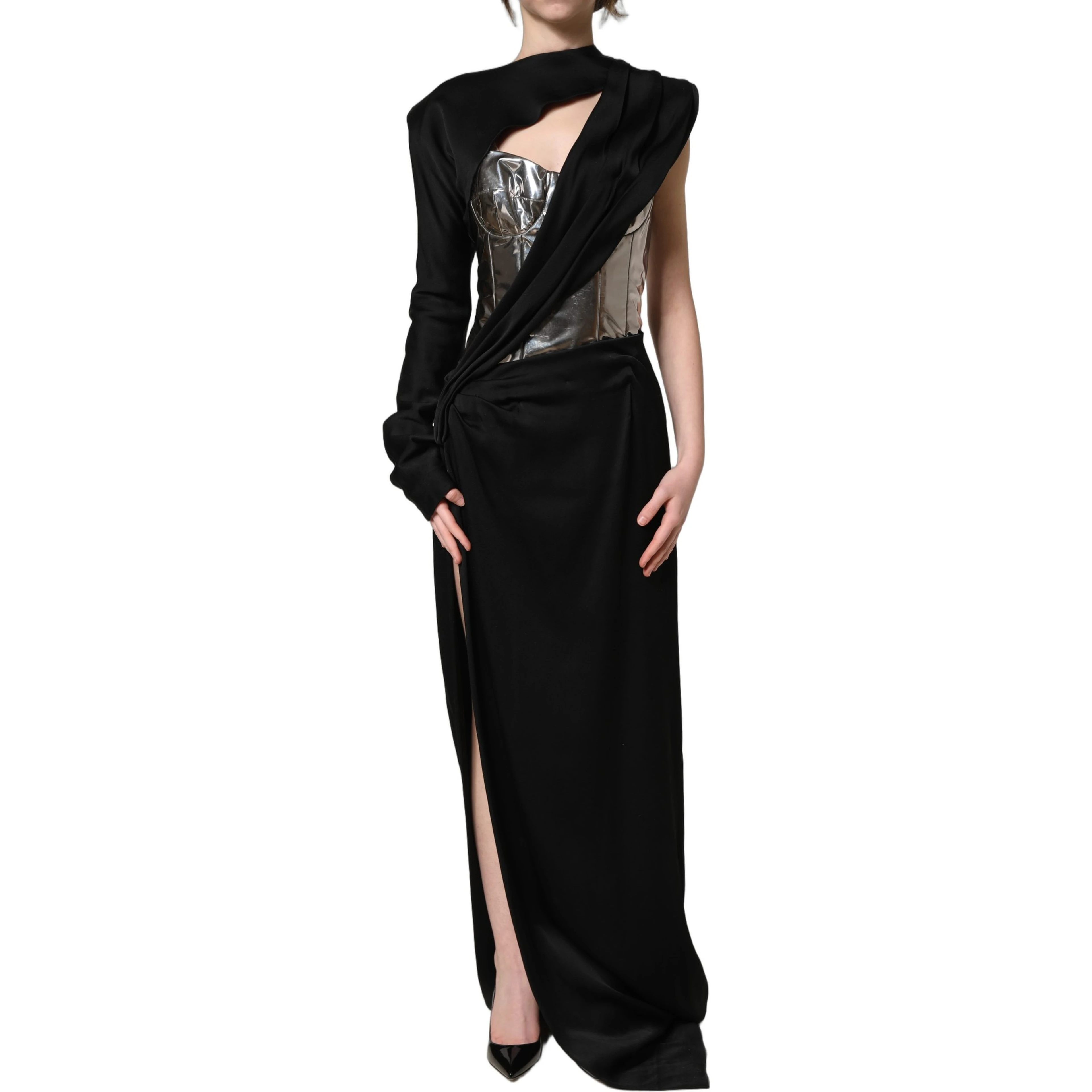 Black Silver OneShoulder Cocktail Gown Dress