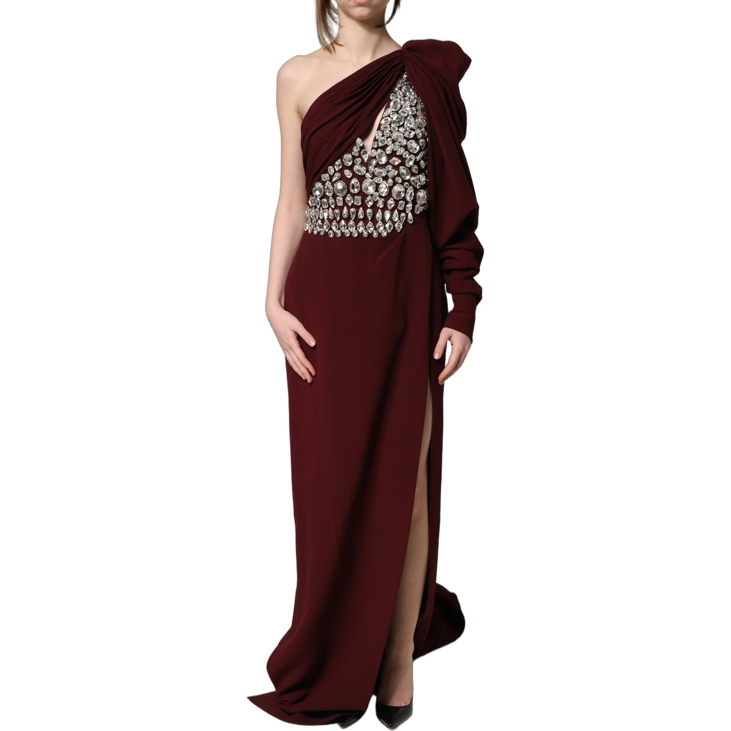 Maroon Crystal One Shoulder EveningGown Dress