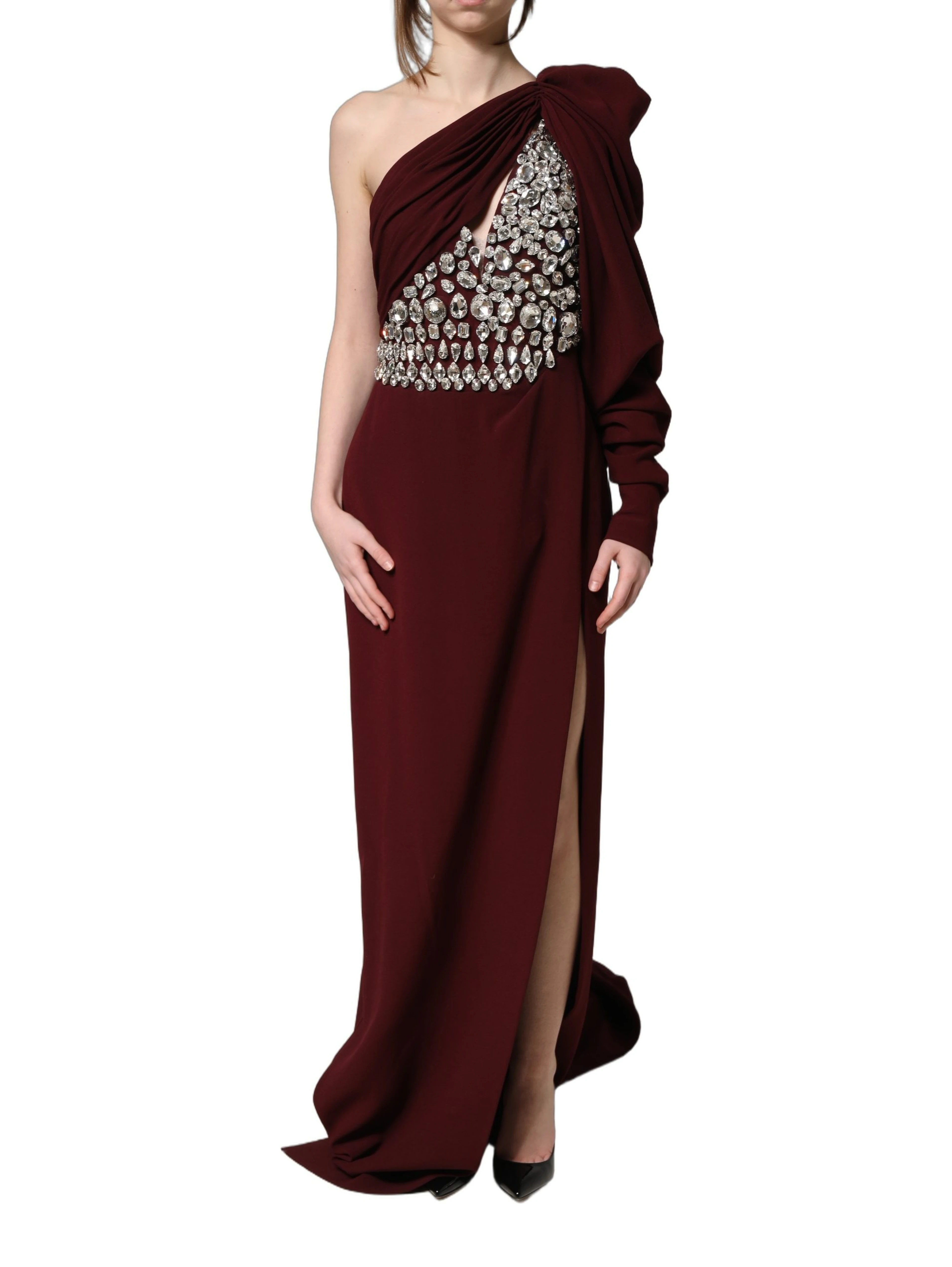 Maroon Crystal One Shoulder EveningGown Dress