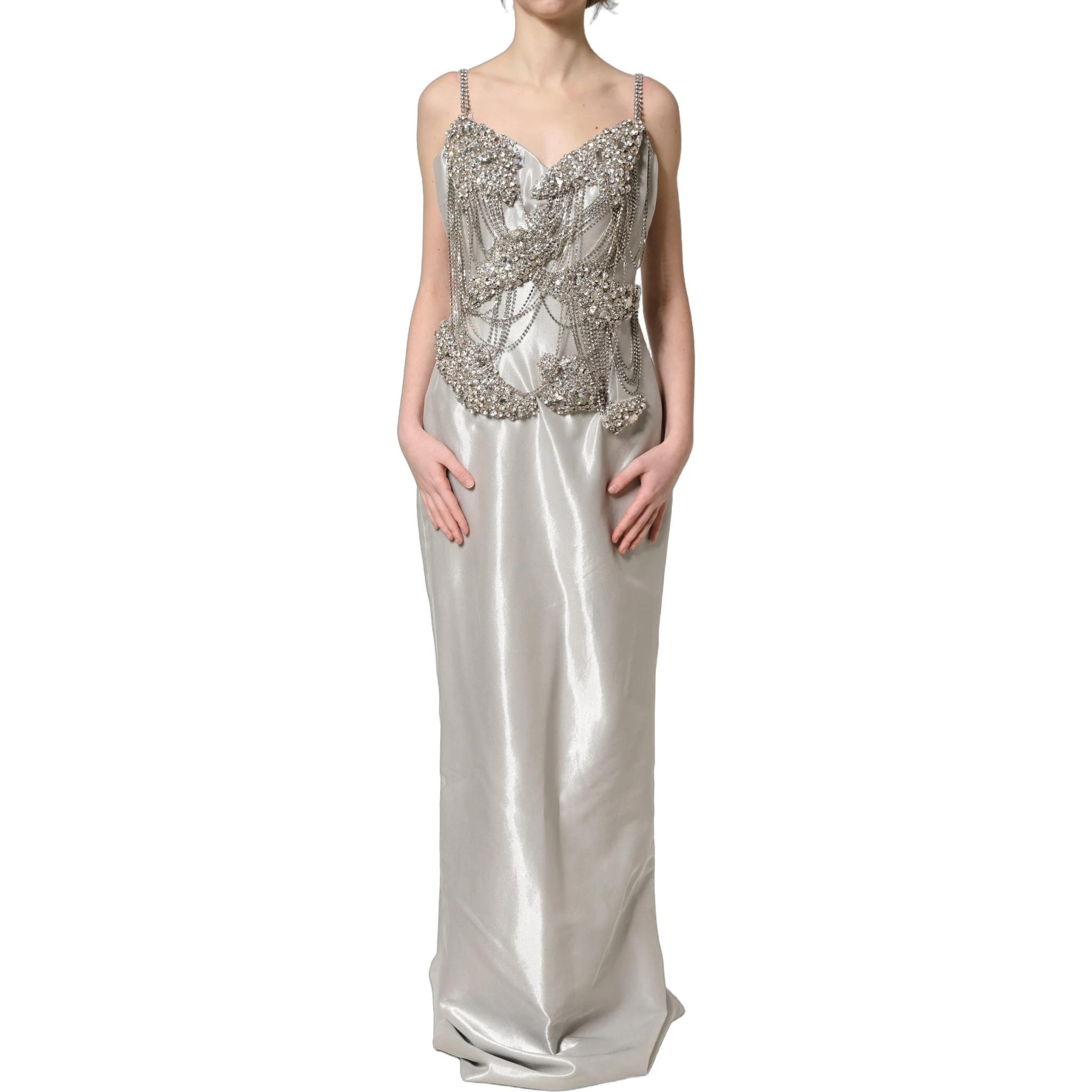Silver Crystal Embellished EveningGown Dress