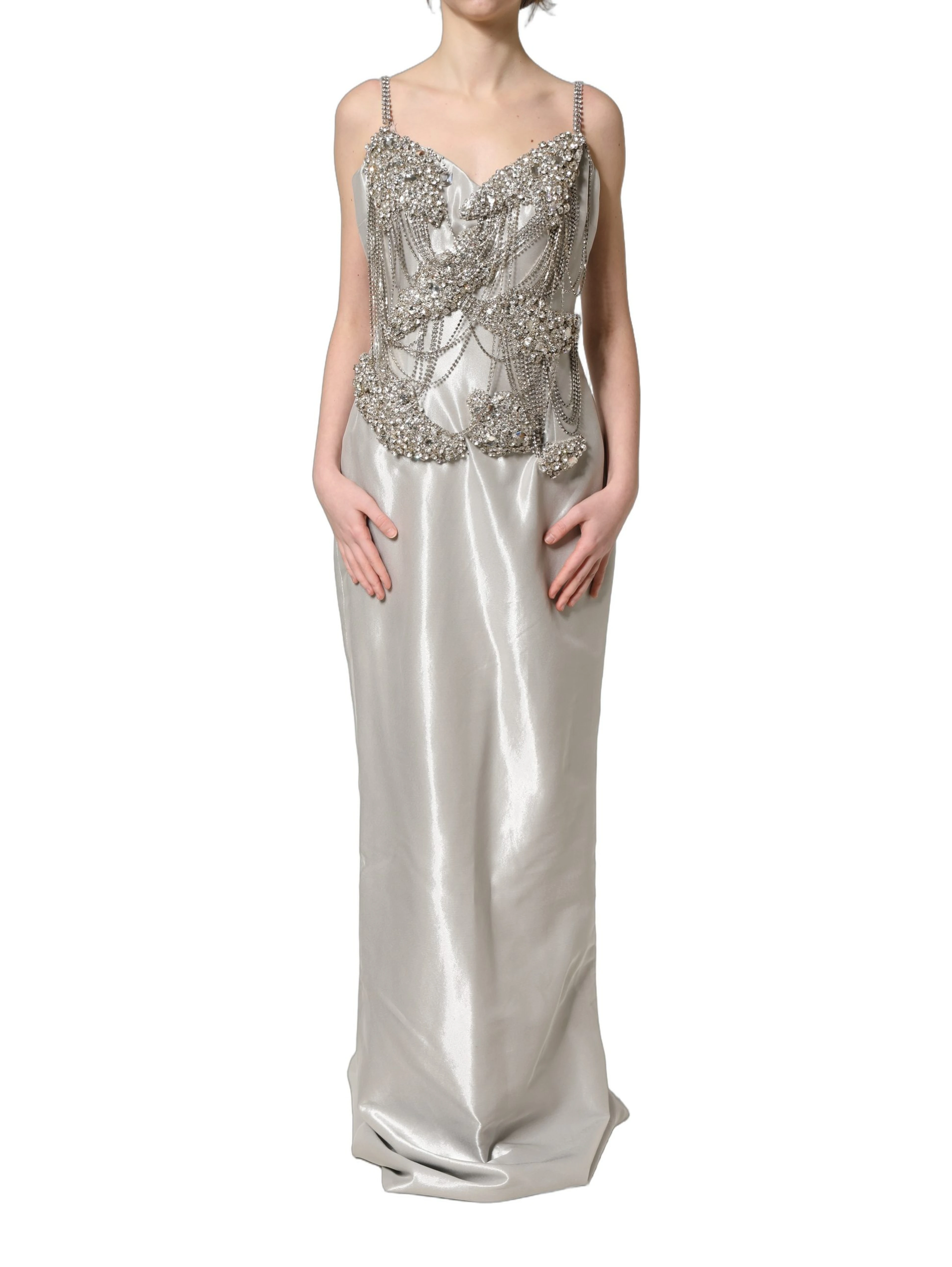 Silver Crystal Embellished EveningGown Dress
