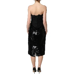 Black Strapless Red Rose Sequined Midi Dress