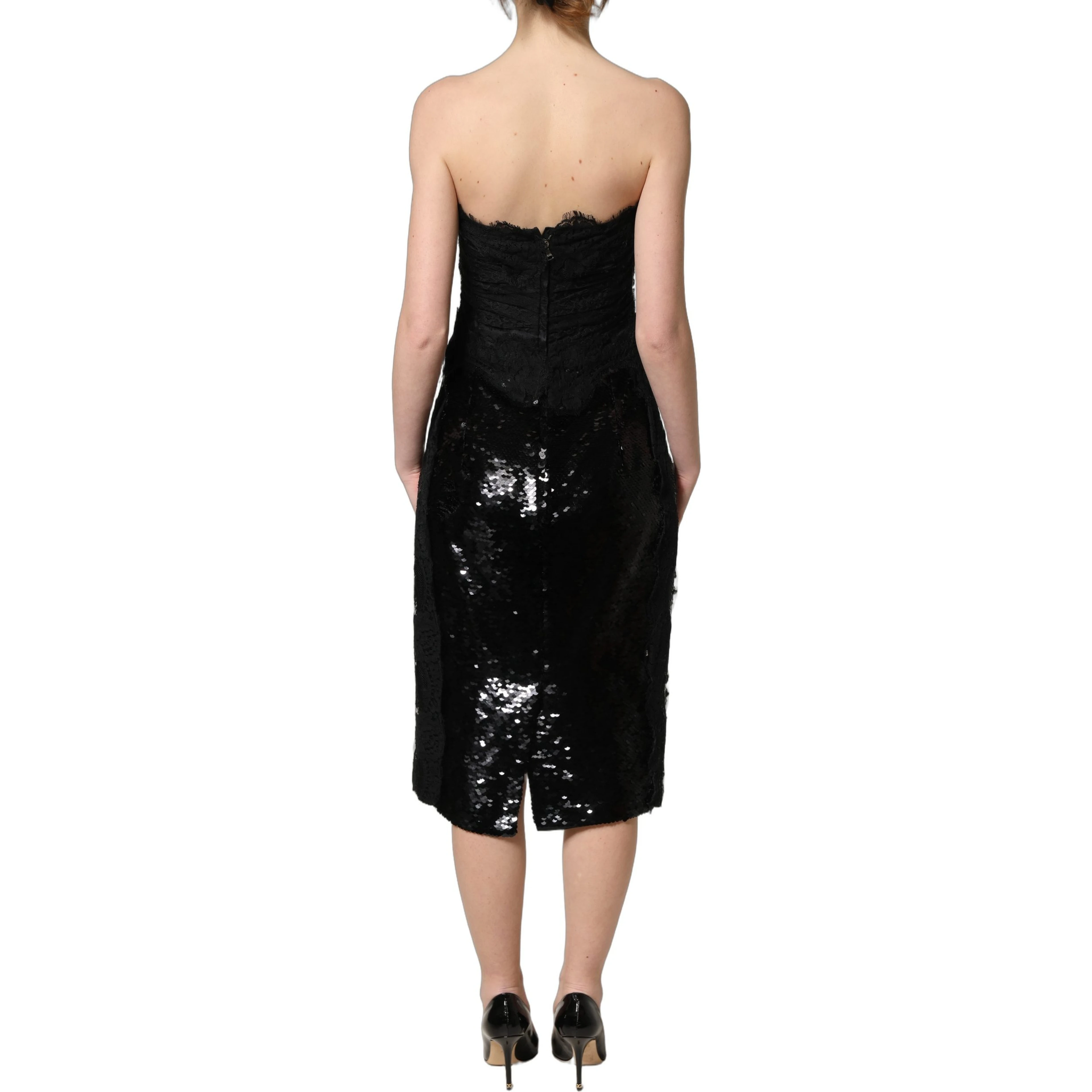 Black Strapless Red Rose Sequined Midi Dress