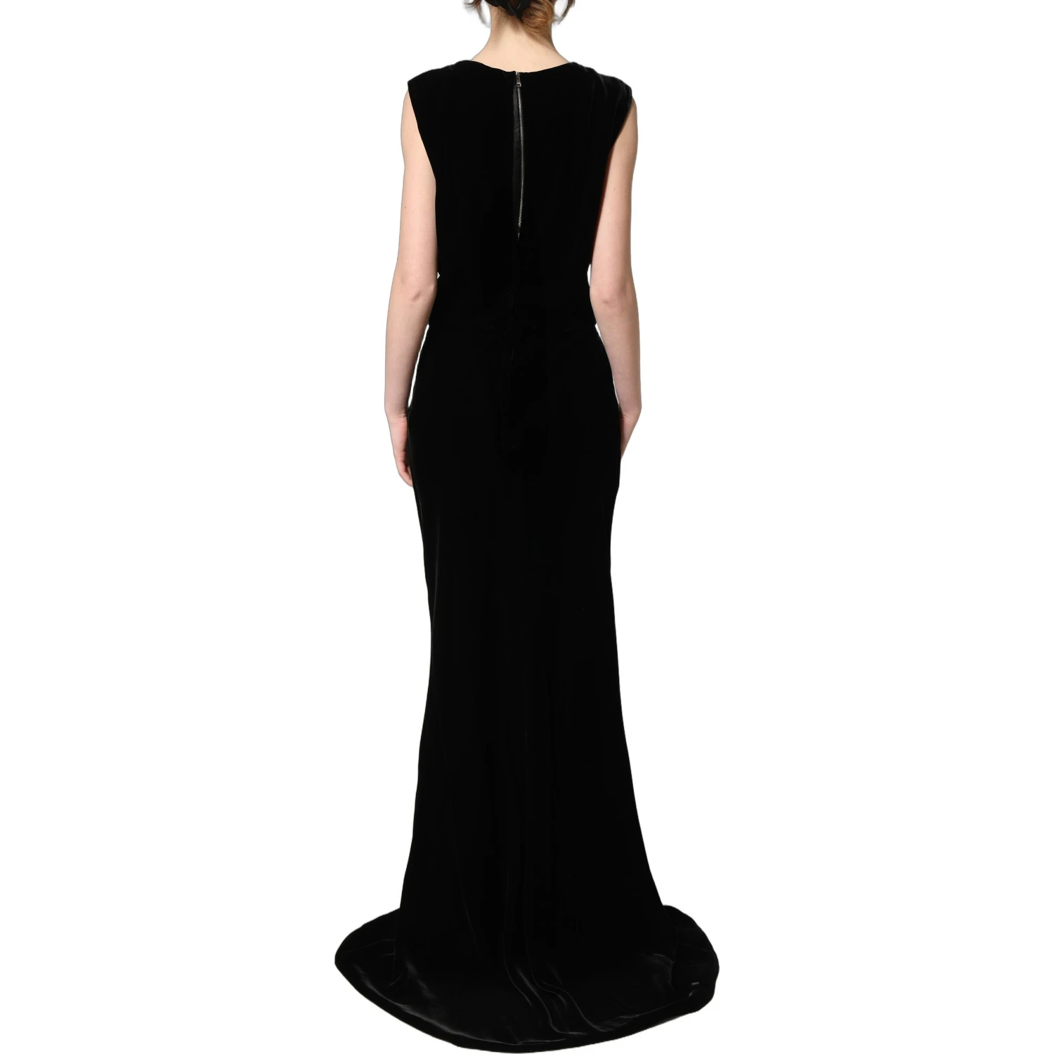 Black Viscose Velvet Floor Length Gown Dress