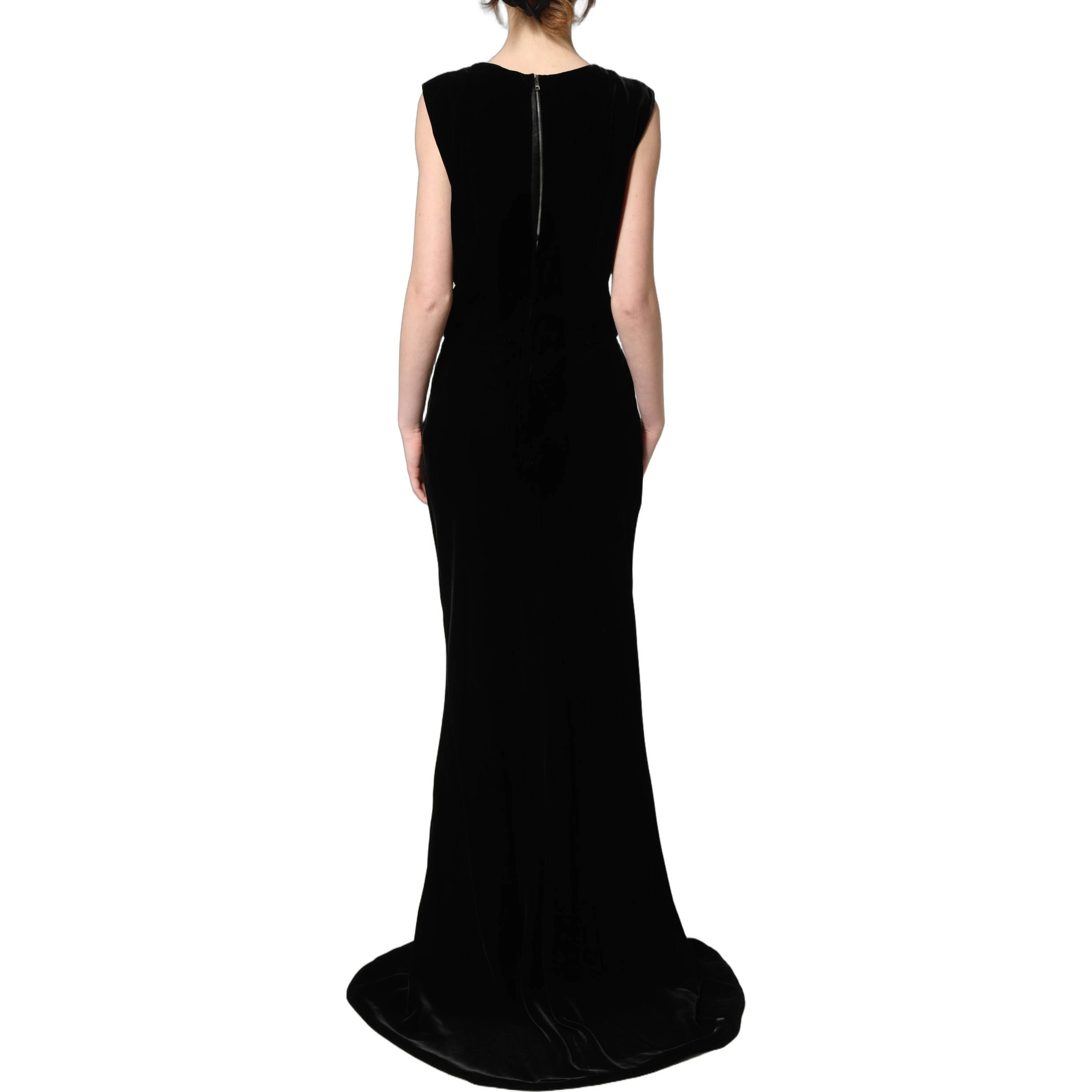 Black Viscose Velvet Floor Length Gown Dress