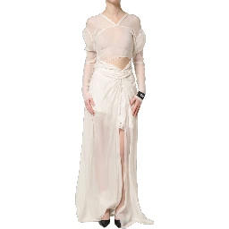 White Silk Sheer Draped Long Gown Dress