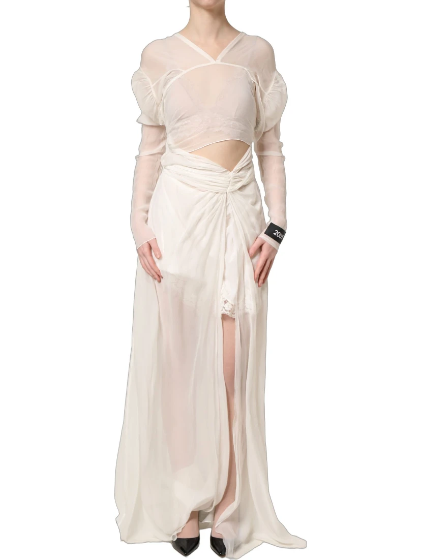 White Silk Sheer Draped Long Gown Dress