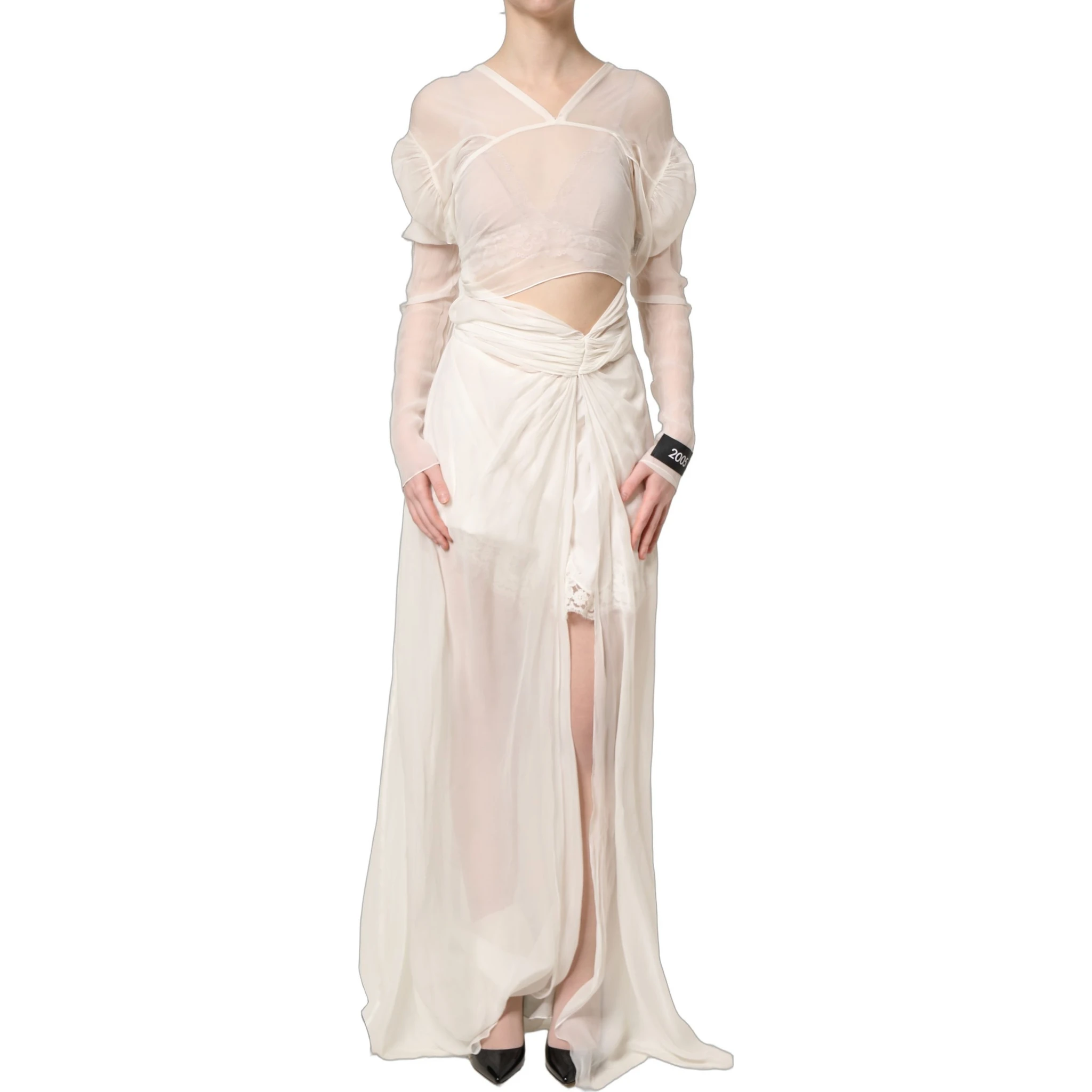 White Silk Sheer Draped Long Gown Dress