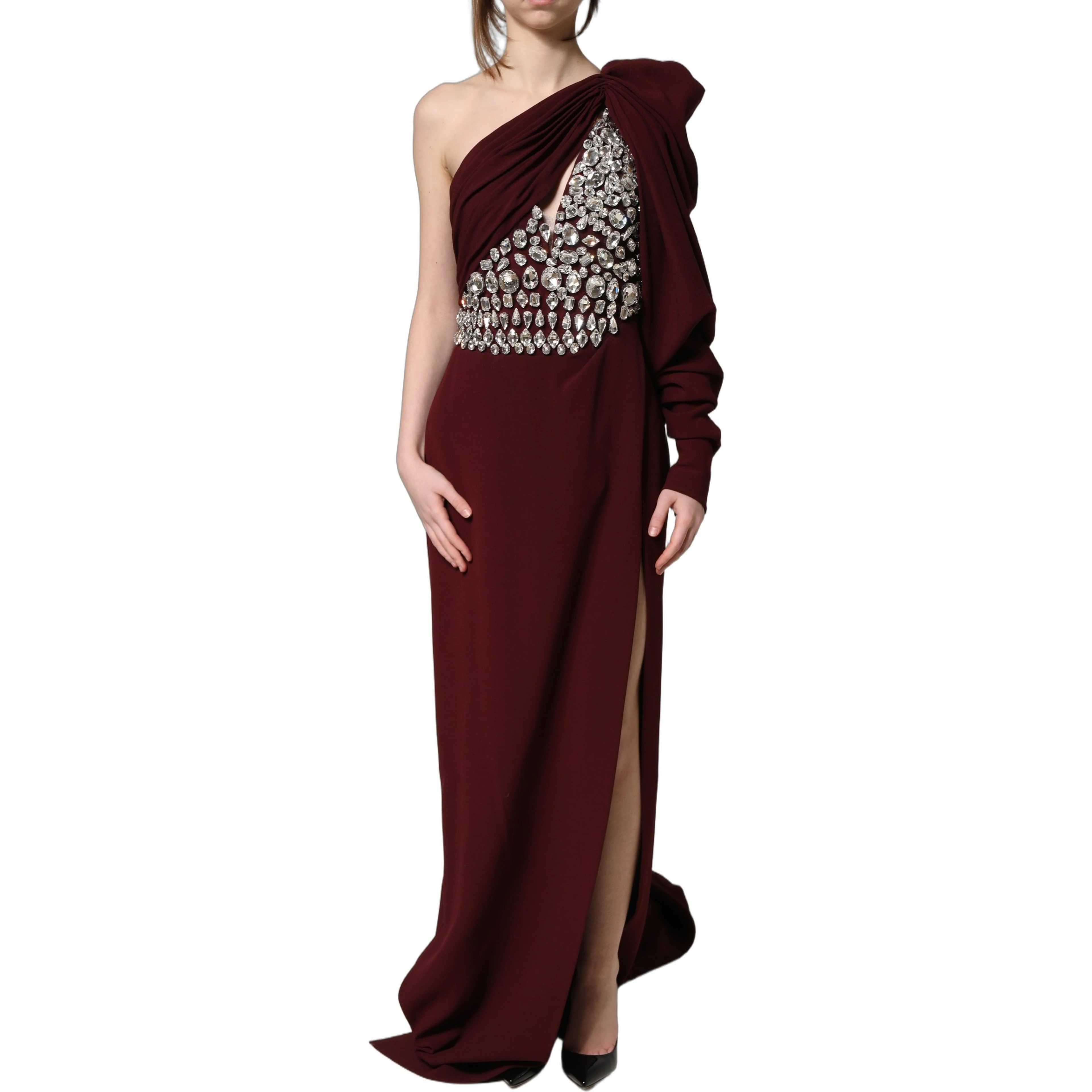 Maroon Crystal One Shoulder EveningGown Dress