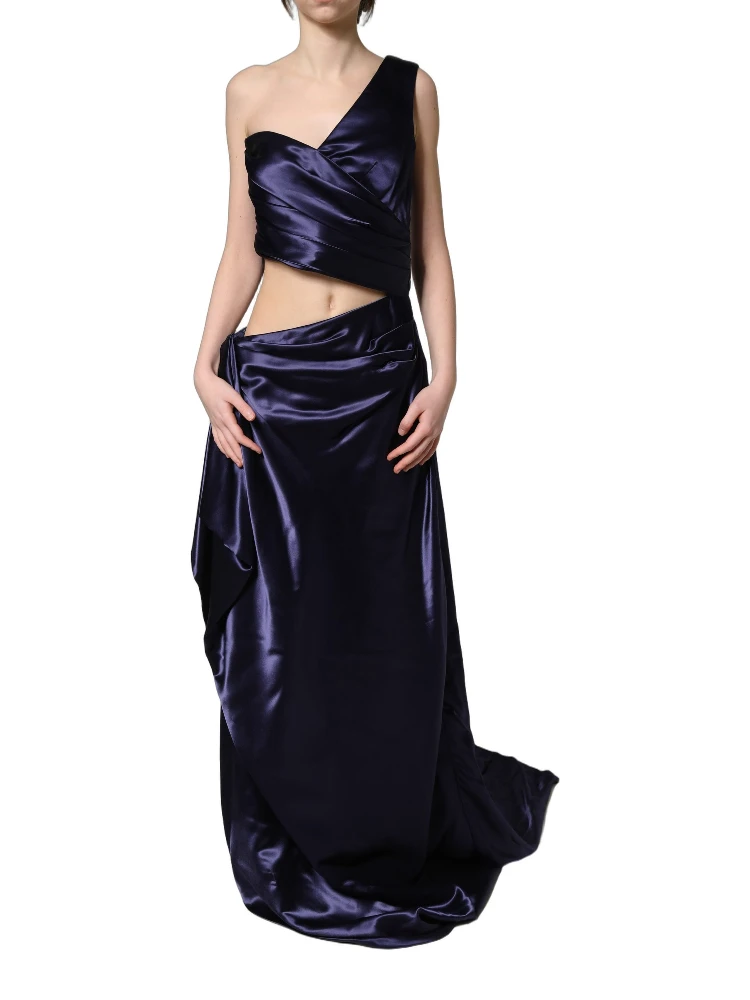 Navy Blue One Shoulder Evening Gown Dress