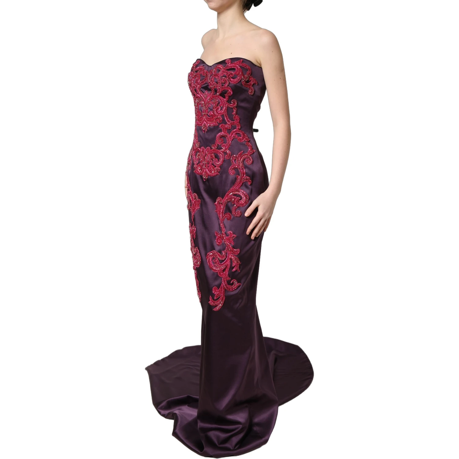 Purple Silk Crystal Strapless Floor Length Gown Dress