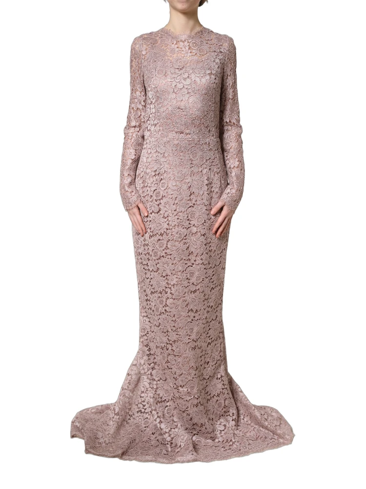 Pink Lace Long Sleeves Evening Gown Dress