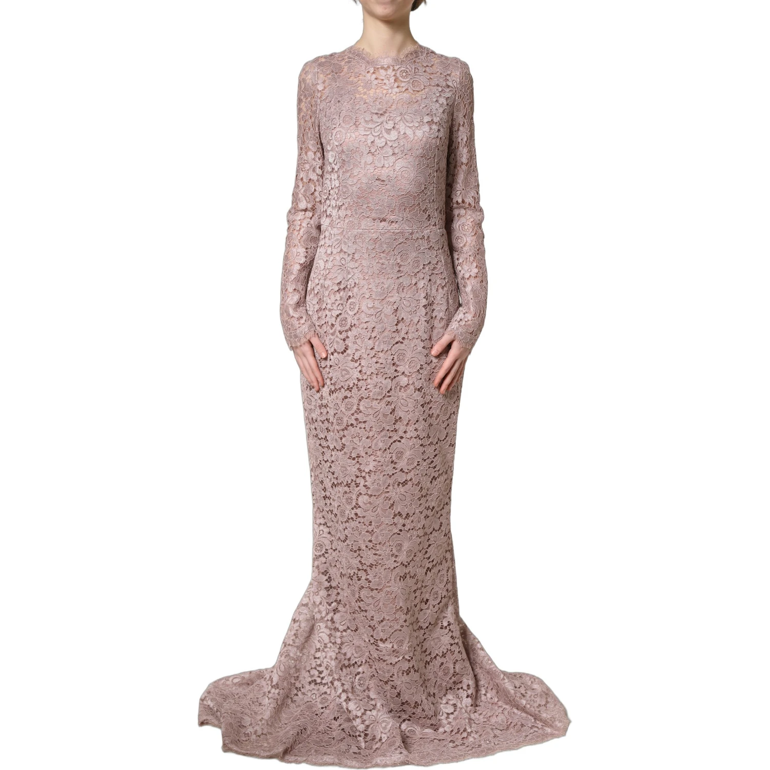 Pink Lace Long Sleeves Evening Gown Dress