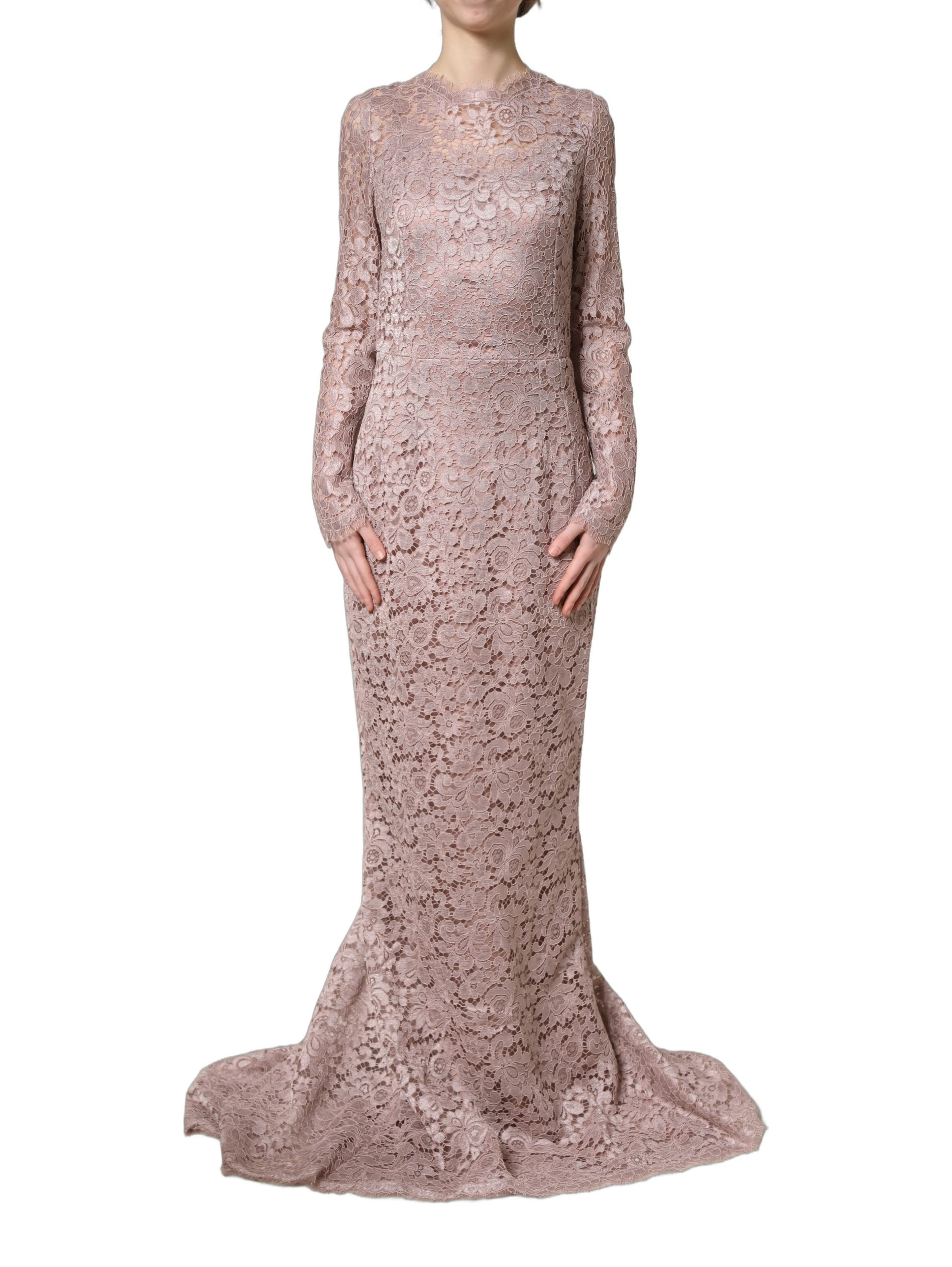 Pink Lace Long Sleeves Evening Gown Dress