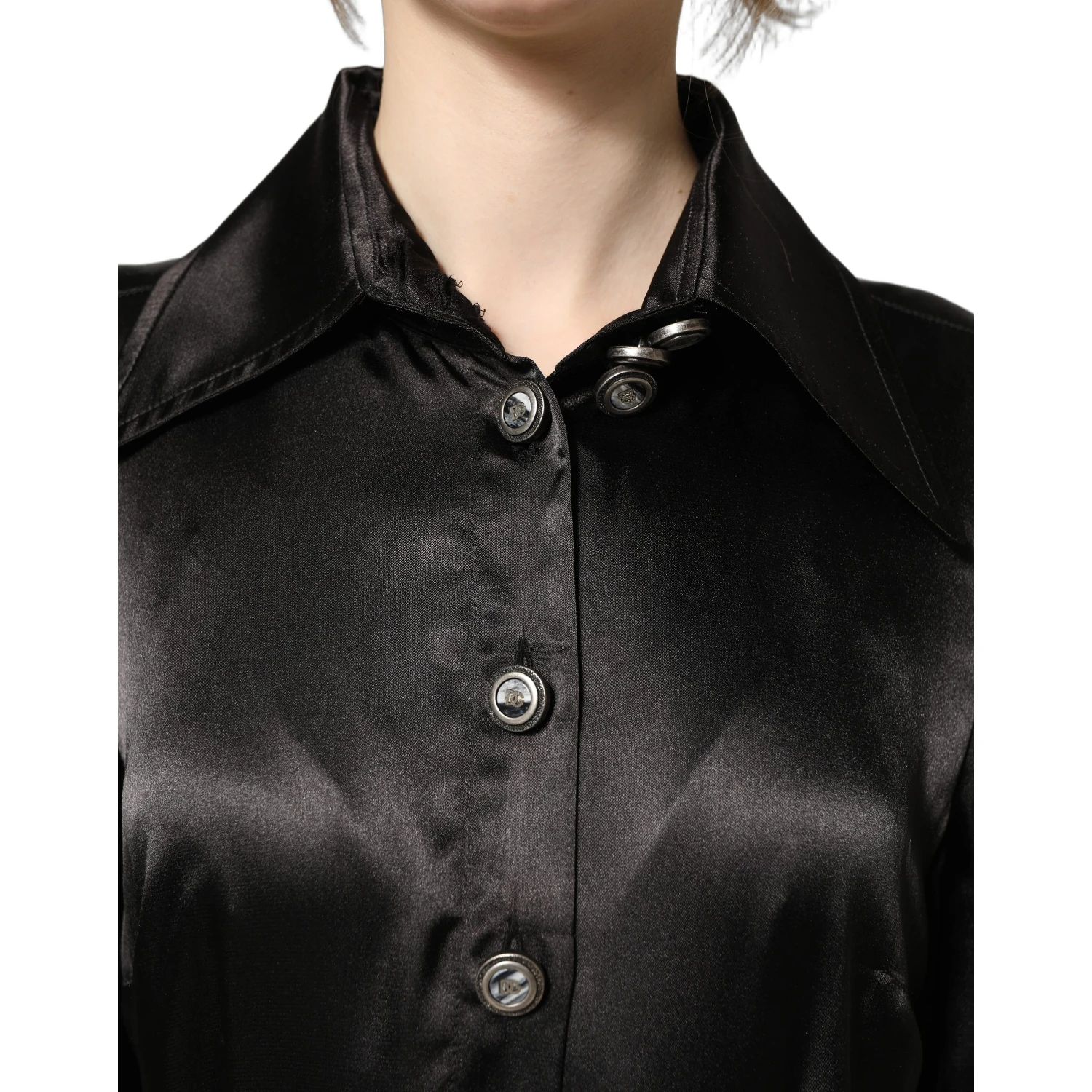 Black Satin Long Puff Sleeves Pleated Dress