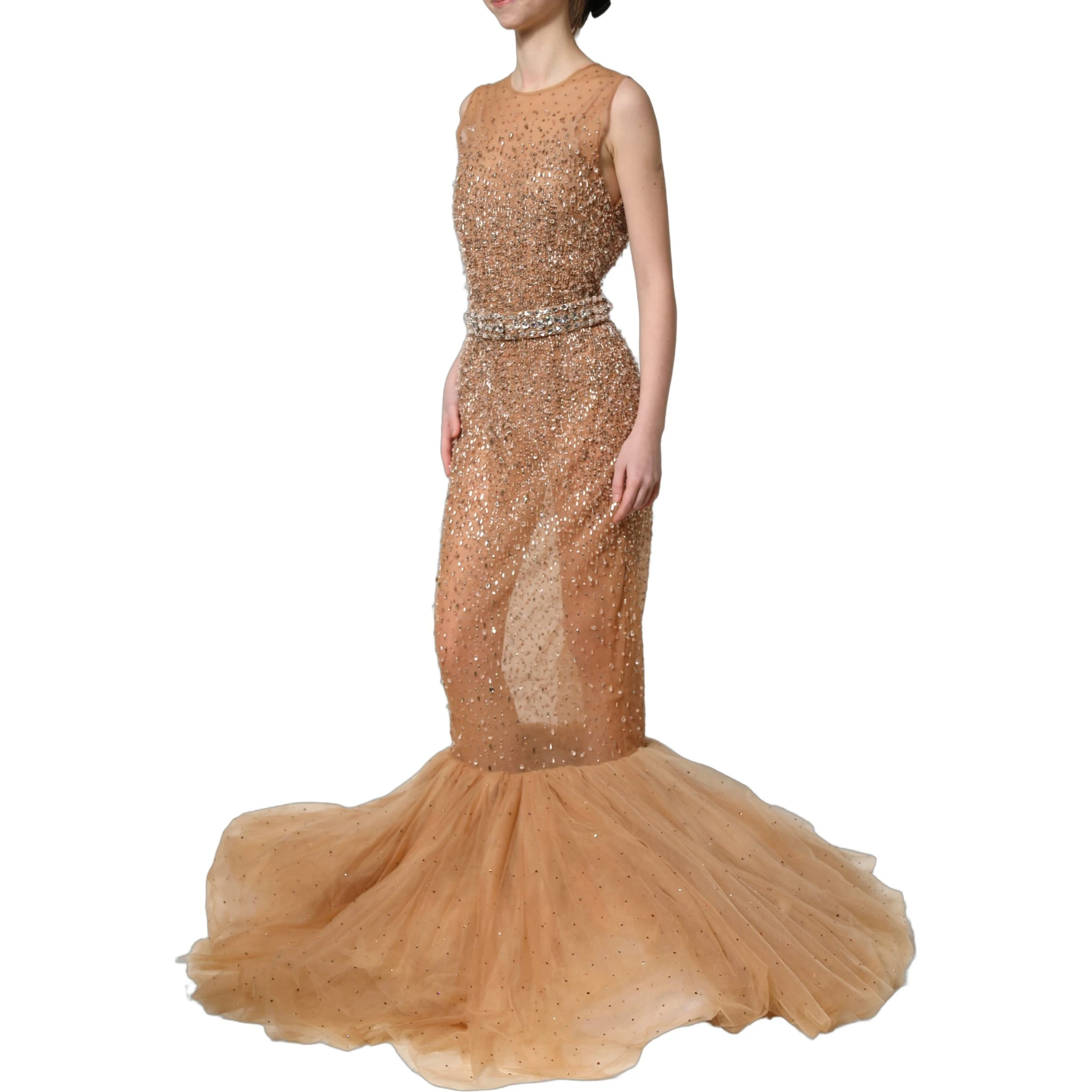 Brown Crystal Embellished Mermaid Gown Dress