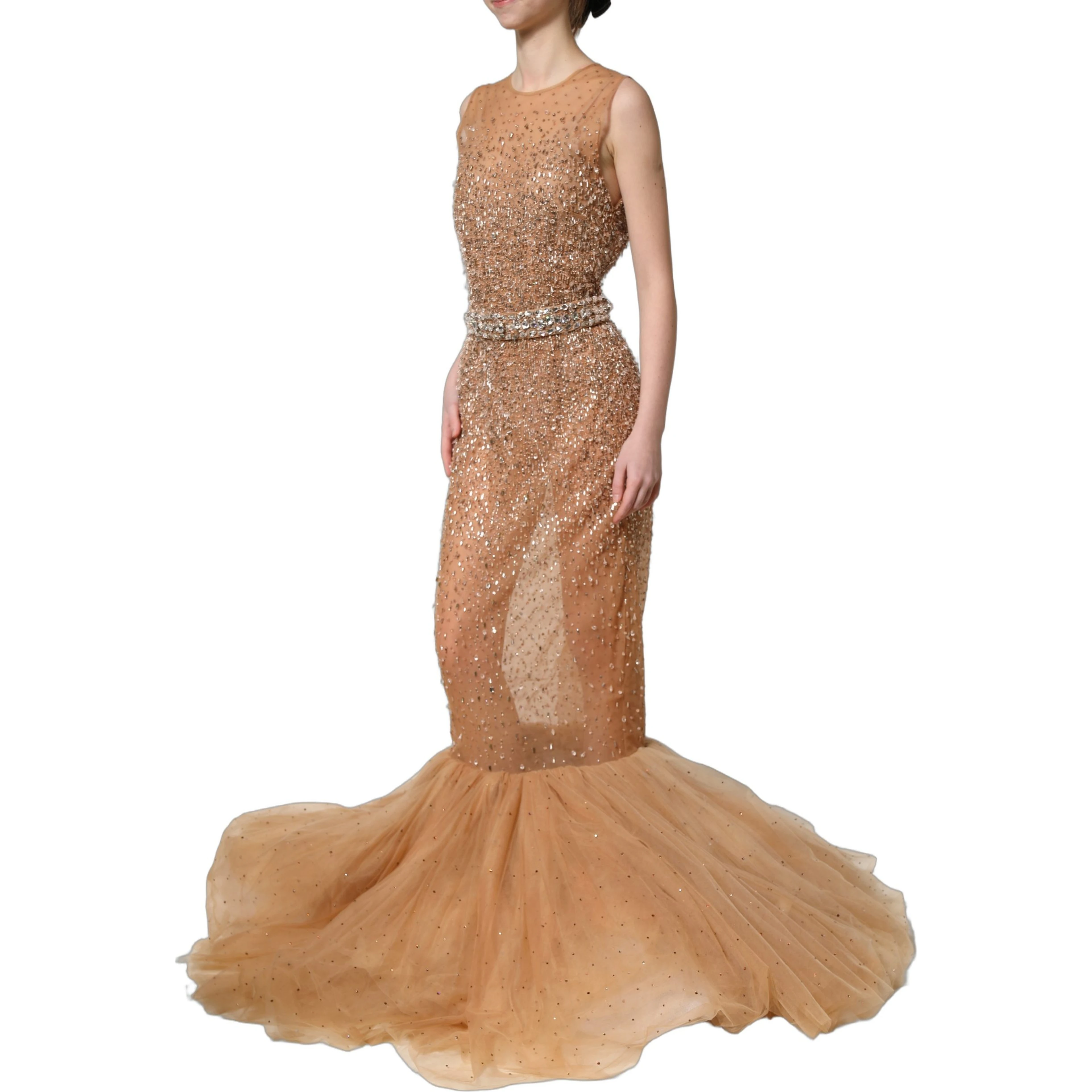 Brown Crystal Embellished Mermaid Gown Dress