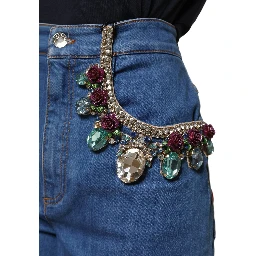 Blue Cotton Embellished BermudaDenim Shorts