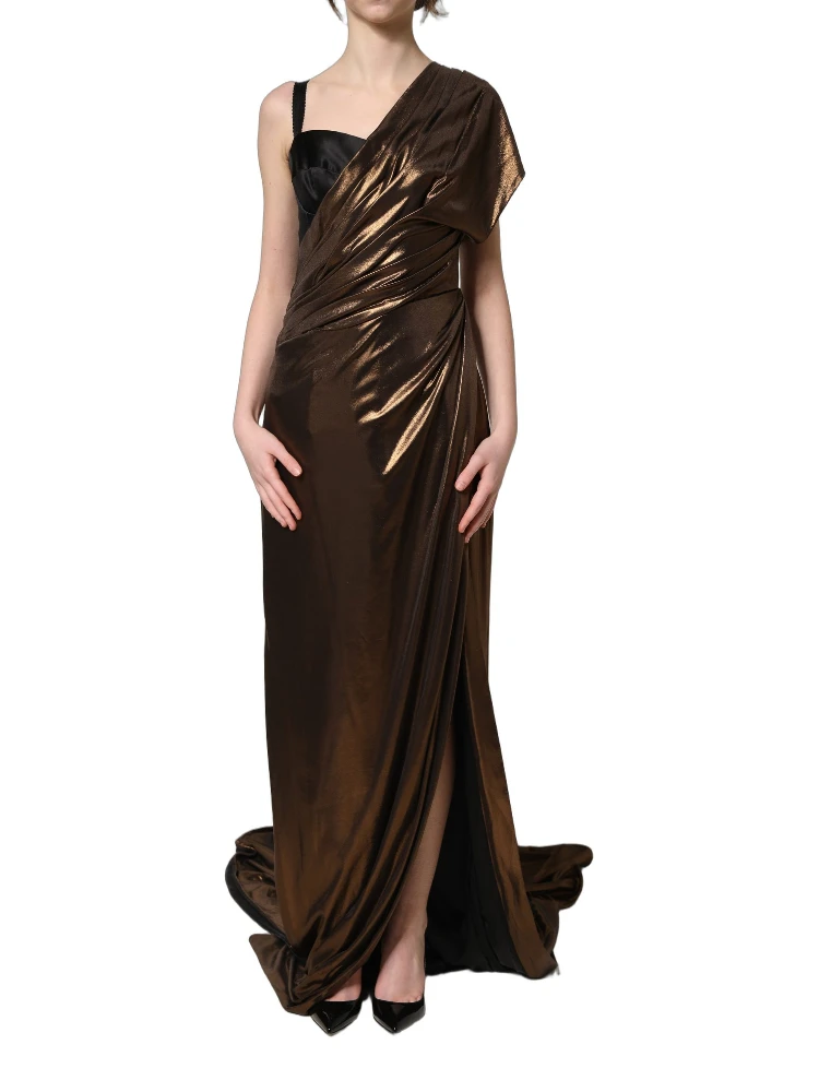 Bronze Asymmetrical Draping OneShoulder Dress