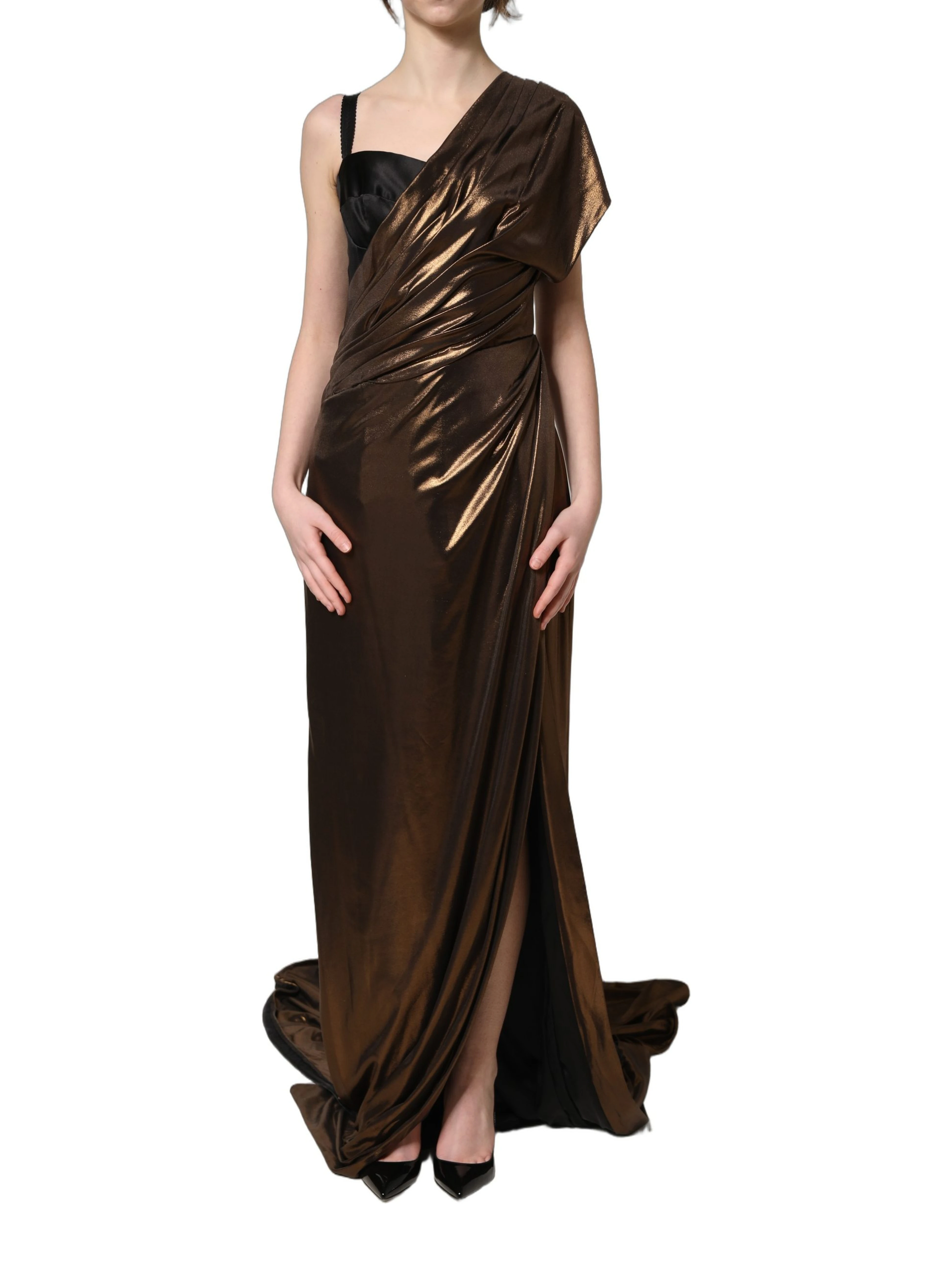 Bronze Asymmetrical Draping OneShoulder Dress