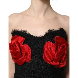 Black Strapless Red Rose Sequined Midi Dress