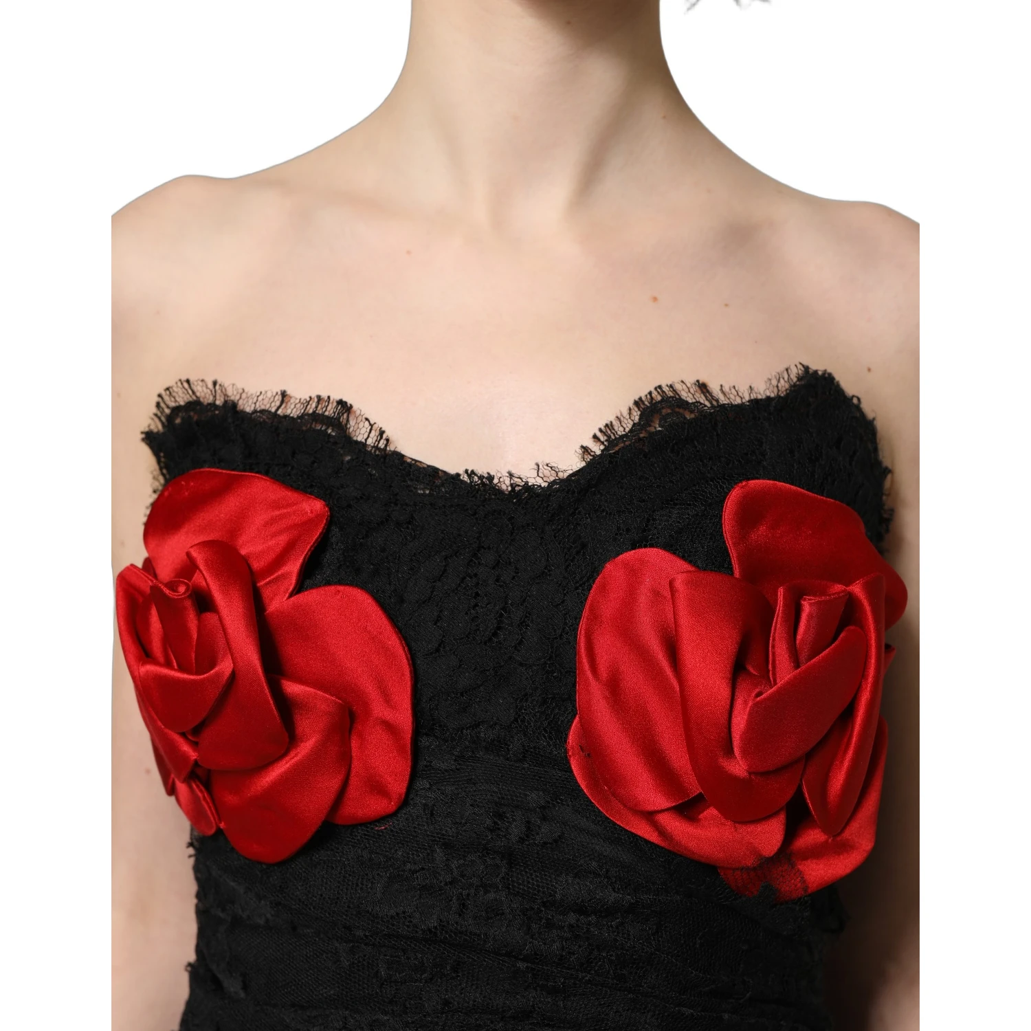 Black Strapless Red Rose Sequined Midi Dress
