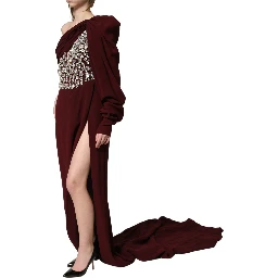 Maroon Crystal One Shoulder EveningGown Dress