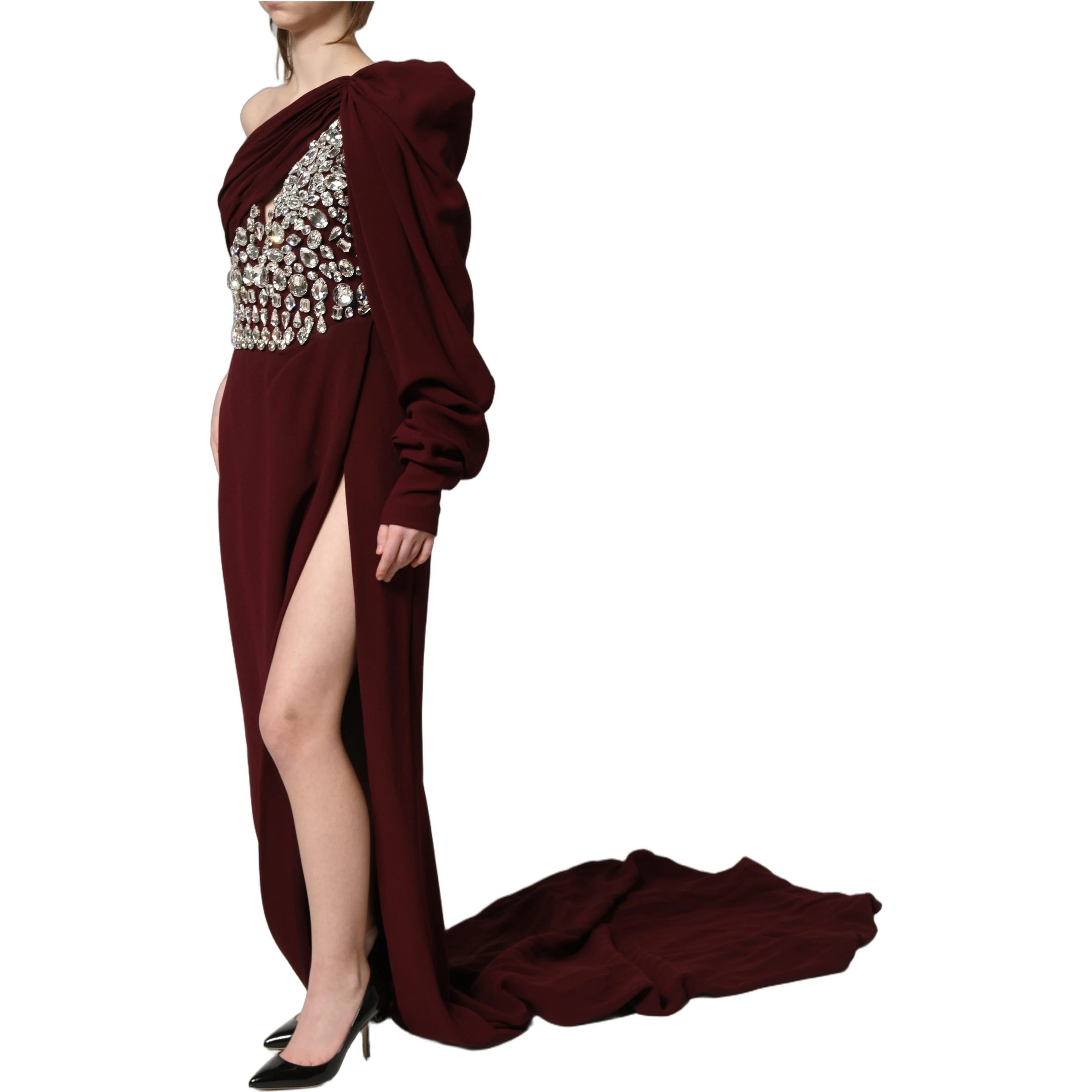 Maroon Crystal One Shoulder EveningGown Dress
