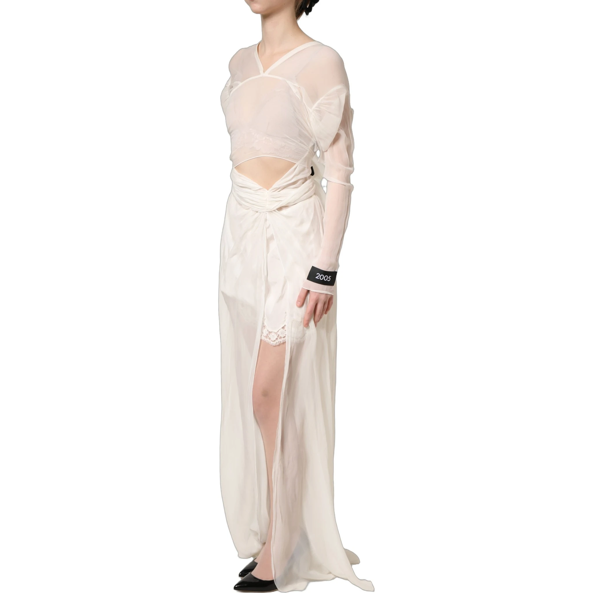 White Silk Sheer Draped Long Gown Dress